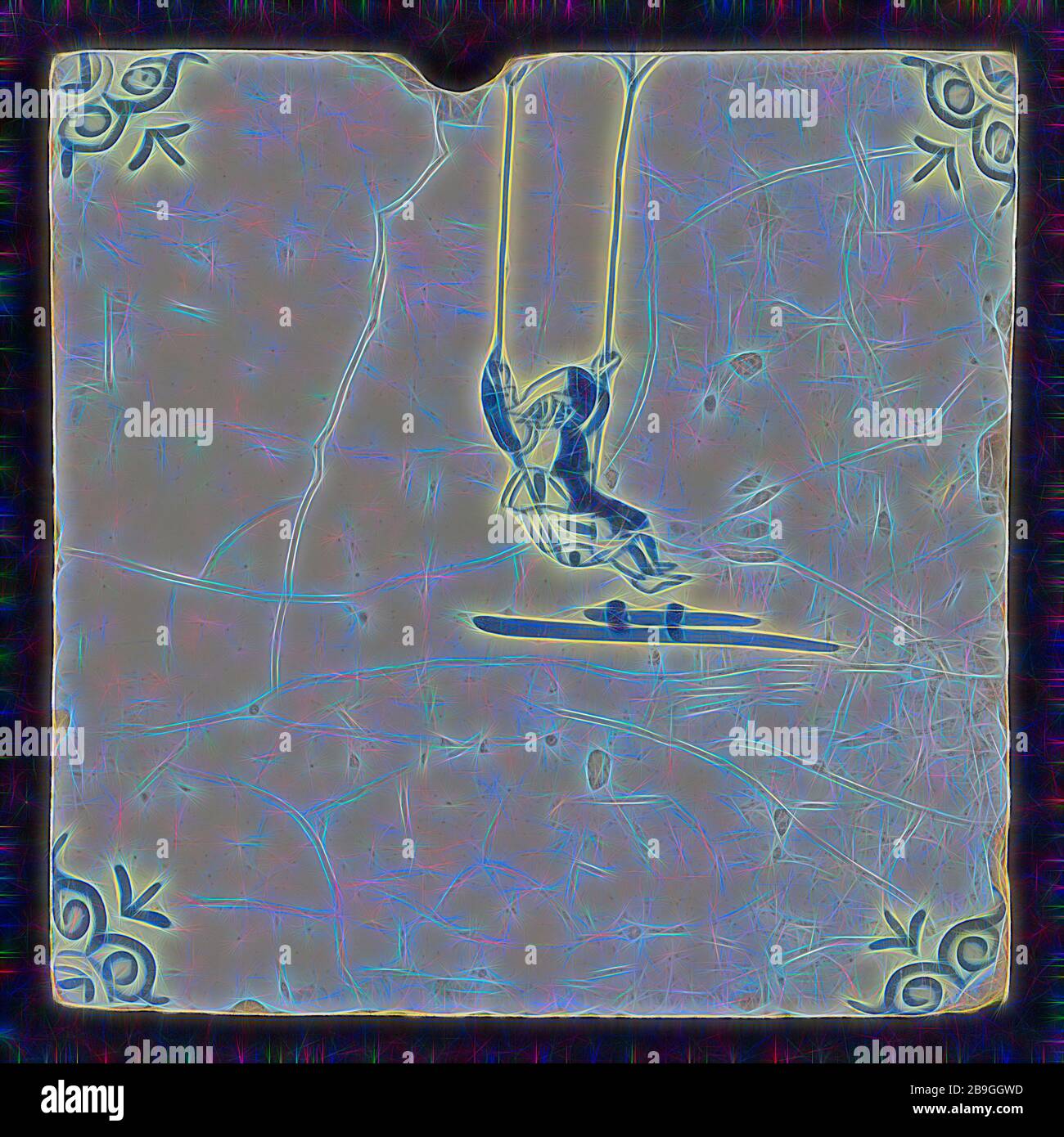 Scene tile, child's play, rocking, corner motif ox's head, wall tile ...