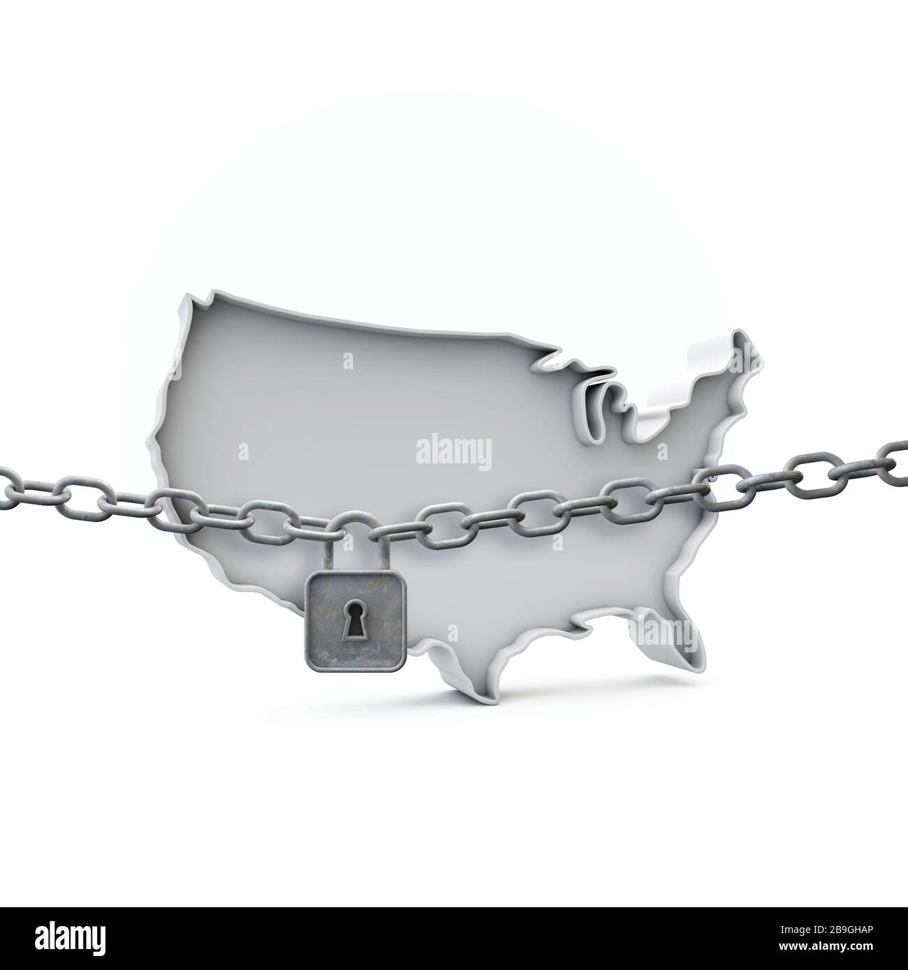 USA lockdown concept. Map with lock and chain. 3D Render Stock Photo