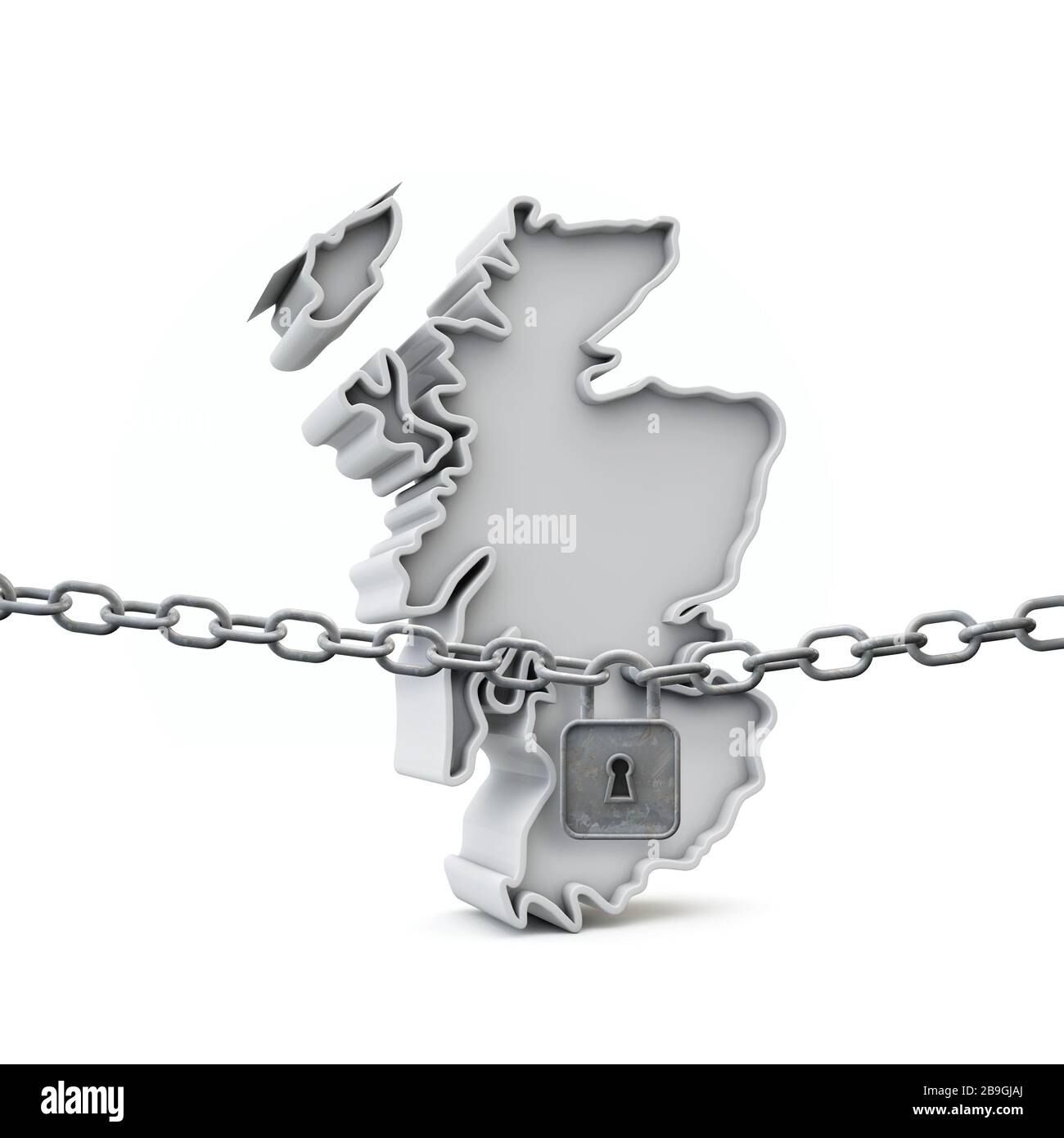 Scotland lockdown concept. Map with lock and chain. 3D Render Stock