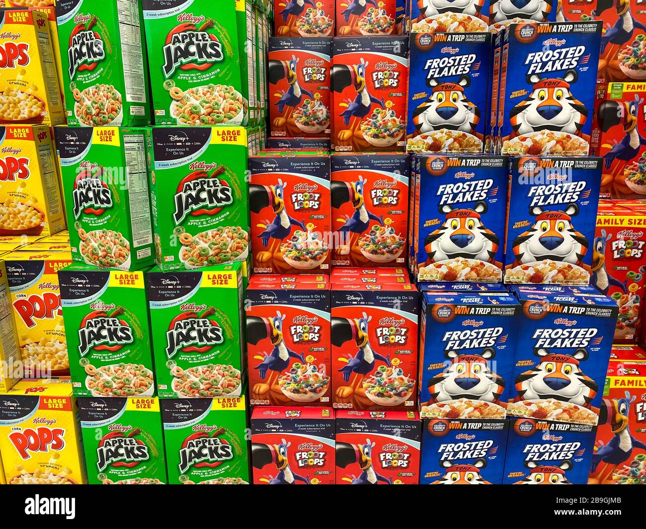 Orlando,FL/USA - 3/7/20:  A variety of Kelloggs breakfast cereals in the breakfast  aisle of a Publix grocery store ready to be purchased by consumers Stock Photo