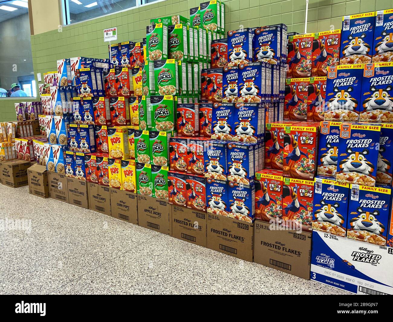 Orlando,FL/USA - 3/7/20:  A variety of Kelloggs breakfast cereals in the breakfast  aisle of a Publix grocery store ready to be purchased by consumers Stock Photo
