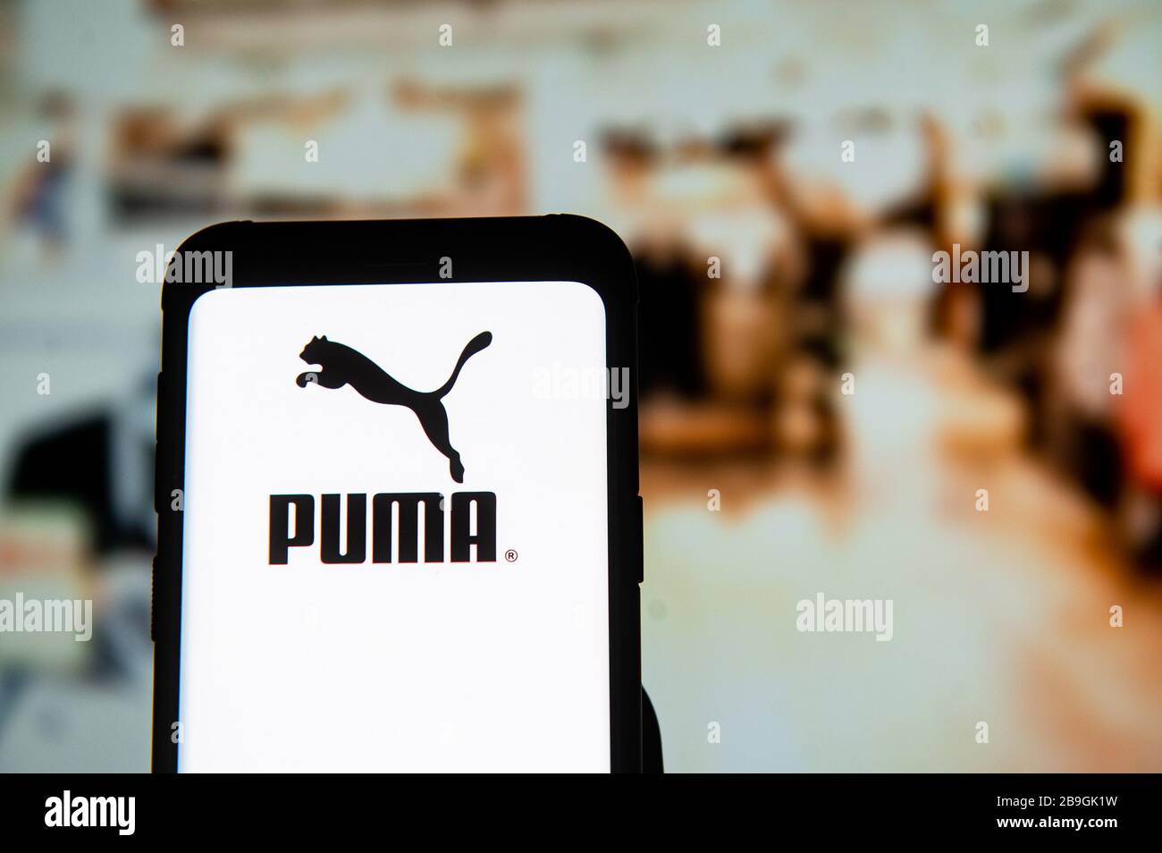 March 23, 2020, Poland: In this photo illustration a Puma logo seen displayed on a smartphone. (Credit Image: © Mateusz Slodkowski/SOPA Images via ZUMA Wire) Stock Photo