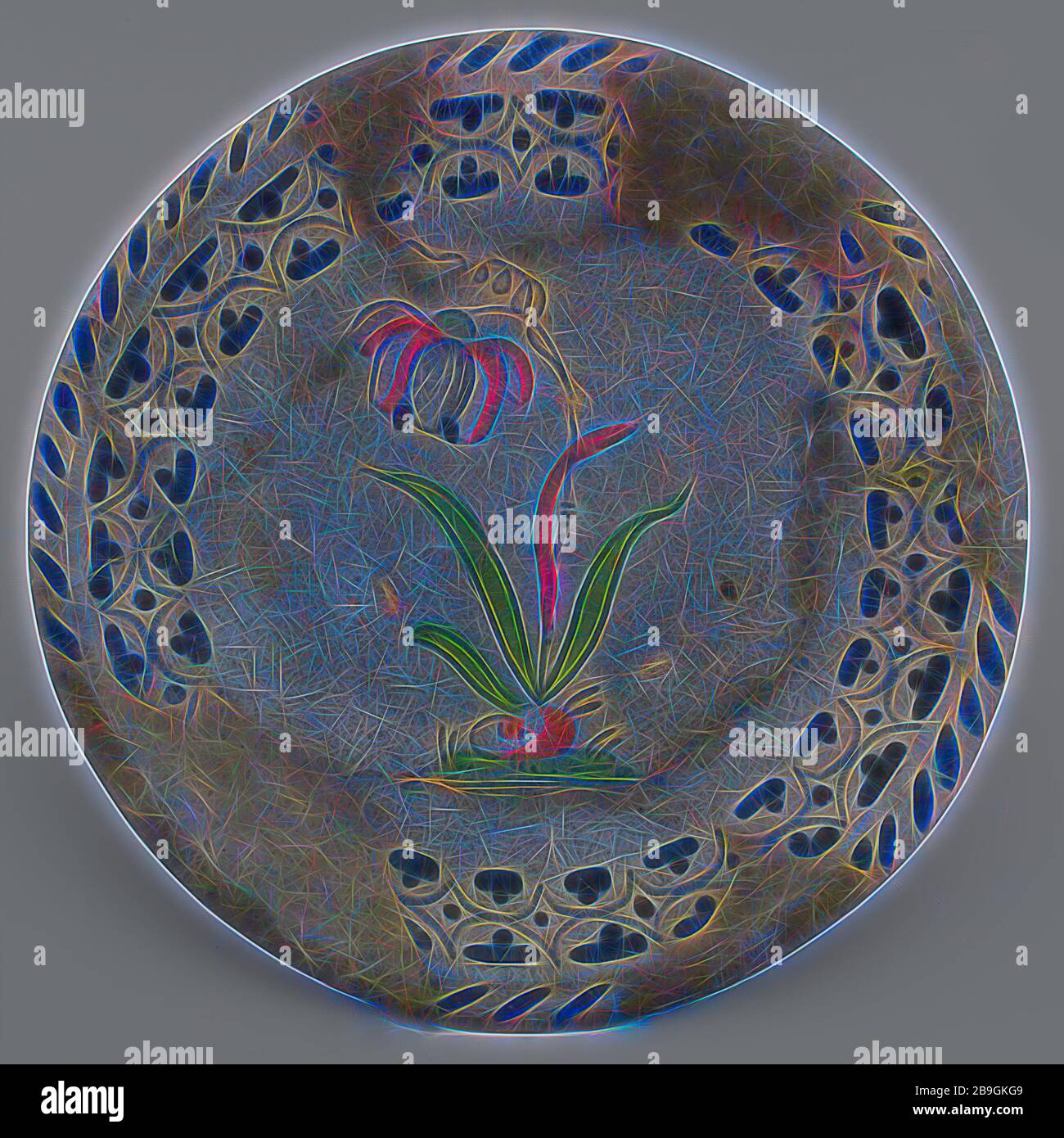 Majolica dish on stand with polychrome tulip in the mirror, rim with