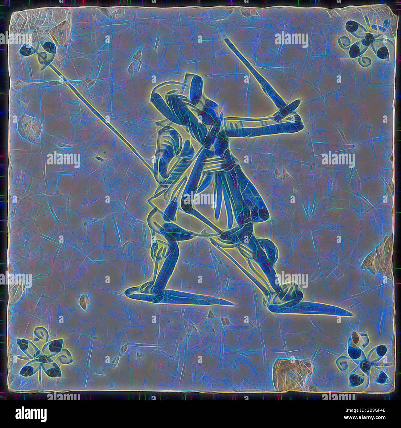 White tile with blue warrior; corner motif spider, wall tile tile footage ceramic earthenware glaze, baked 2x glazed painted militaria Bellevue Rotterdam Hillegersberg-Schiebroek Hillegersberg Zuid Kleiweg Originating from Huize Bellevue, which stood on the Kleiweg Stock Photo