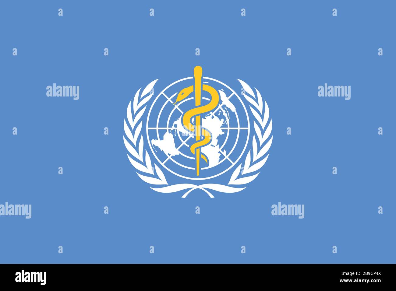 Flag of WHO World Health Organization (yellow rod of Asclepius) - WHO flag standard ratio - true RGB color mode Stock Photo