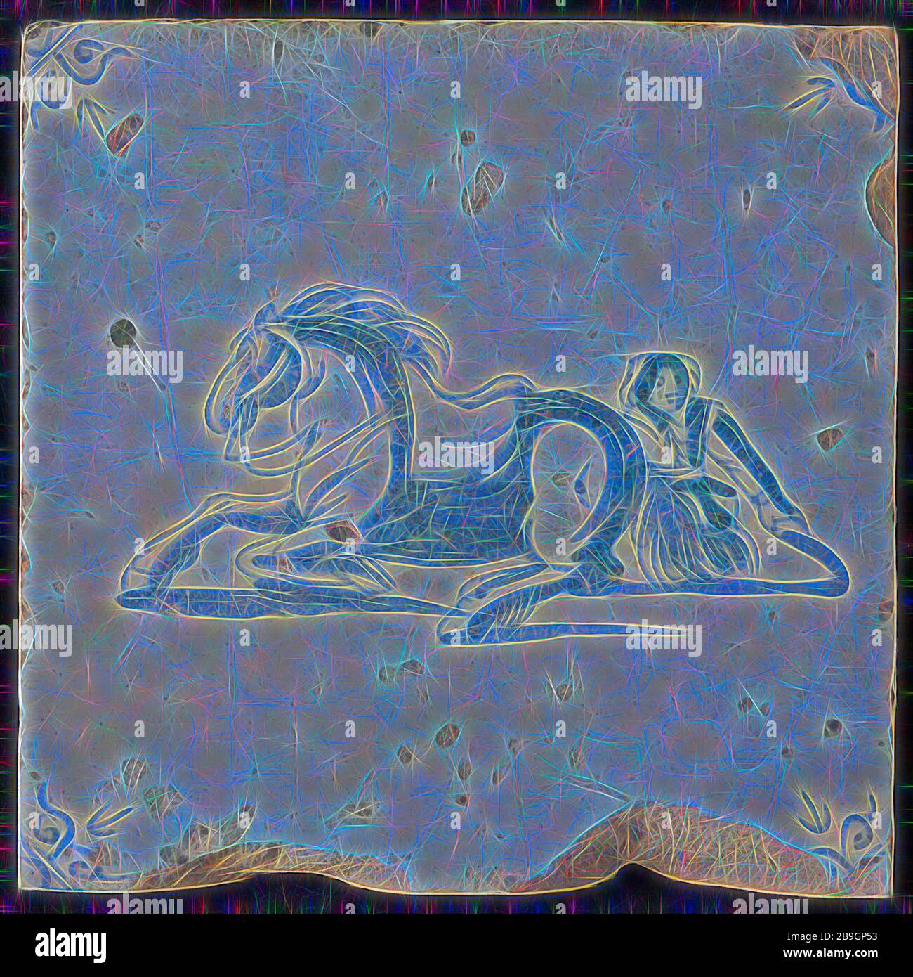 White tile with blue horseman, lying horse, man kneeling behind it; corner pattern ox head, wall tile tile sculpture ceramic earthenware glaze, baked 2x glazed painted Stock Photo
