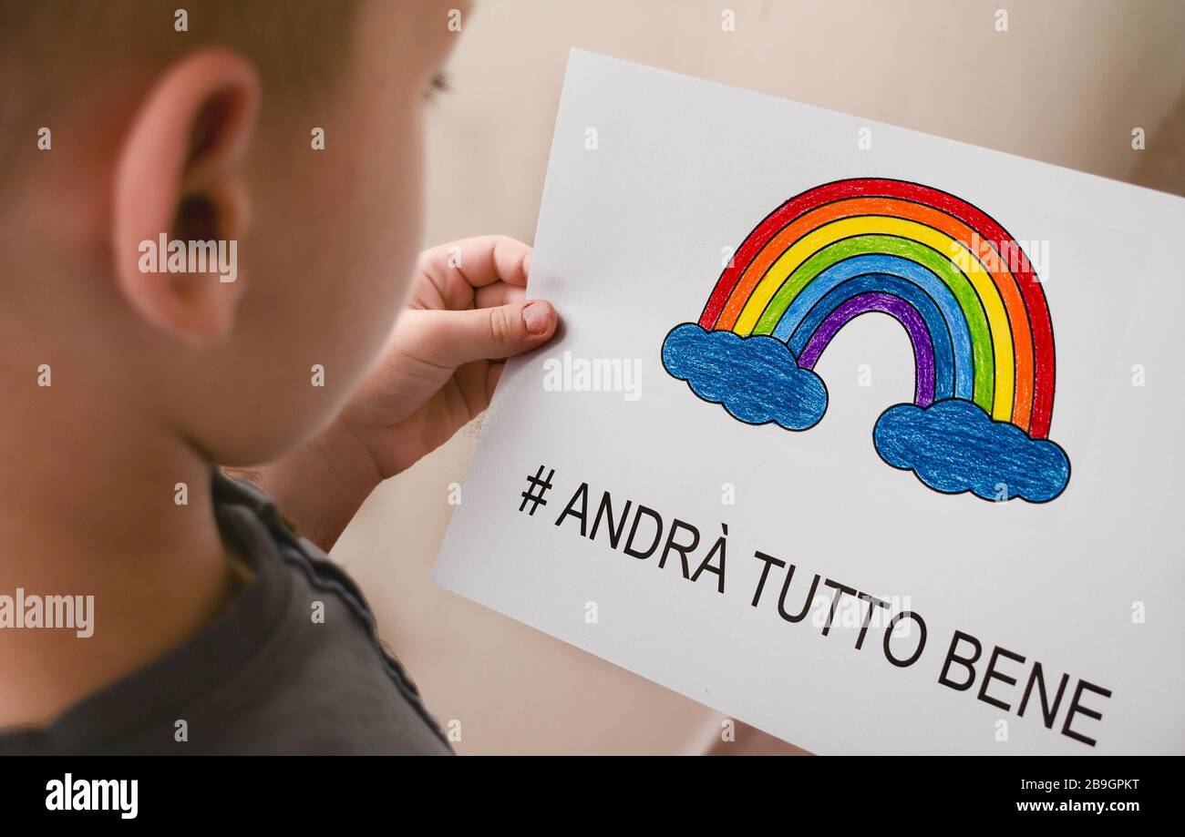 andra tutto bene, Everything is gonna be alright in hand drawing letters and a rainbow with clouds drawn by a child. quarantine corona virus flu, the Stock Photo