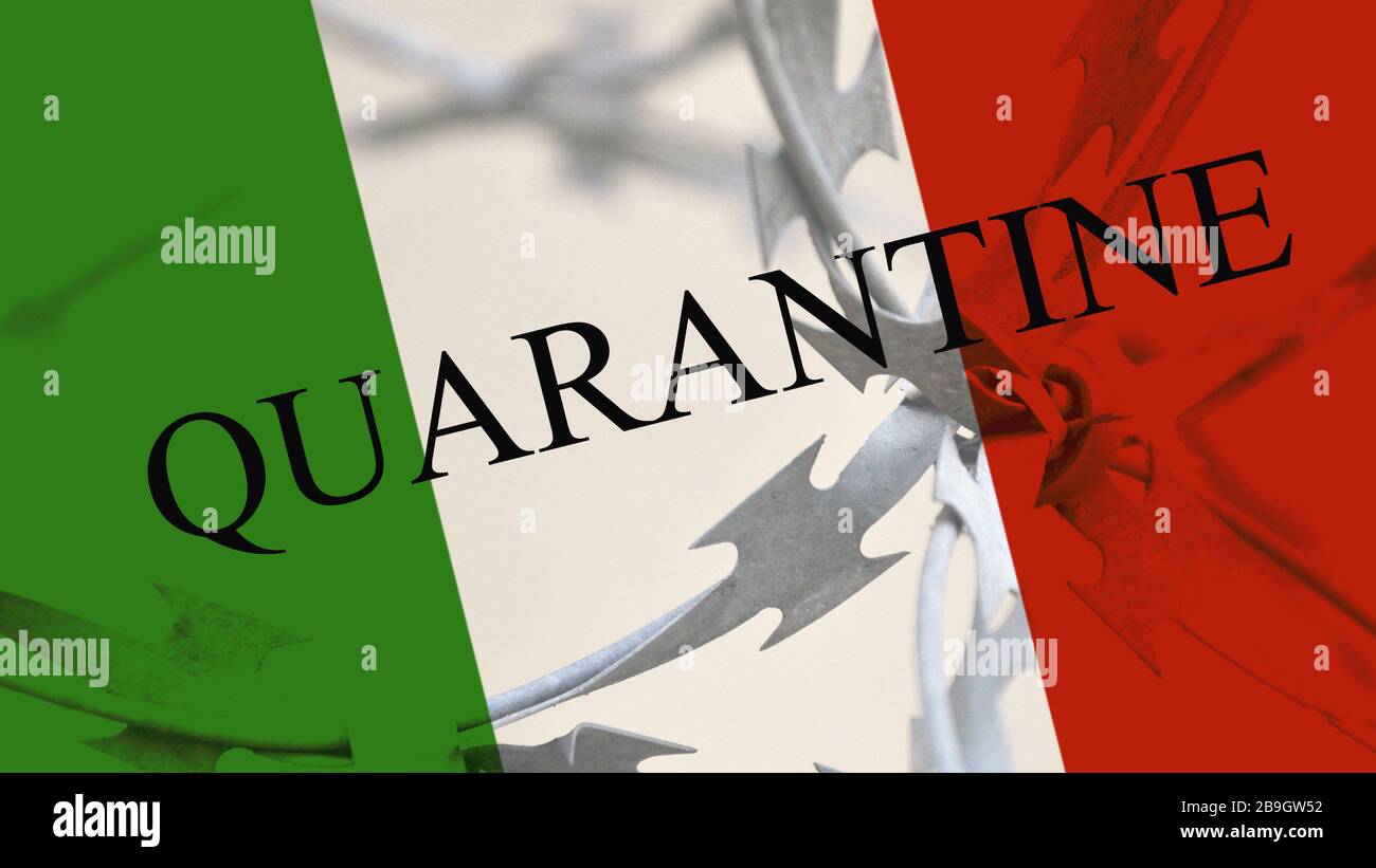The Italian flag is intertwined with barbed wire and the inscription Quarantine. Country isolation concept. Stock Photo