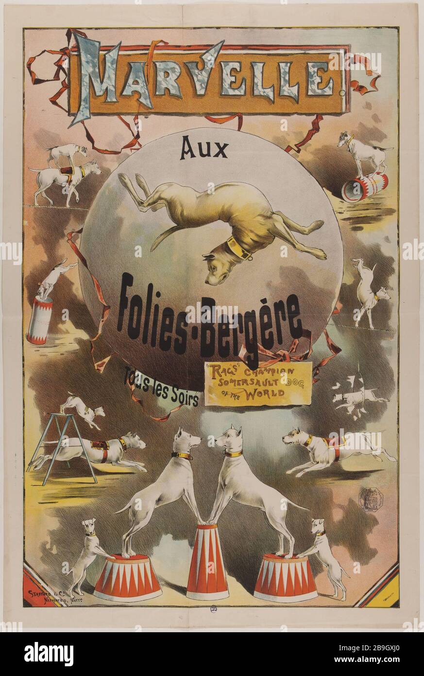 Marvelle, TO Folies-Bergere, 'RAGS' CHAMPION, SOMERSAULT DOG OF THE WORLD, All Evenings Affiche pour le spectacle de Marvelle aux Folies-Bergère. Lithographie couleur. 1880-1900. Paris, musée Carnavalet. Stock Photo