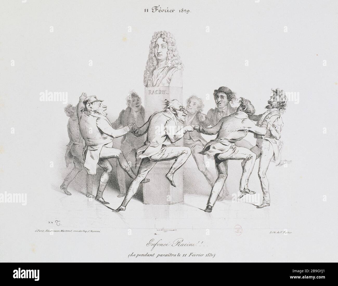 ENFONCE ROOT! Charles Joseph Traviès de Villiers (1804-1859). 'Enfoncé Racine ! 11 Février 1829'. Gravure. Paris, musée Carnavalet. Stock Photo