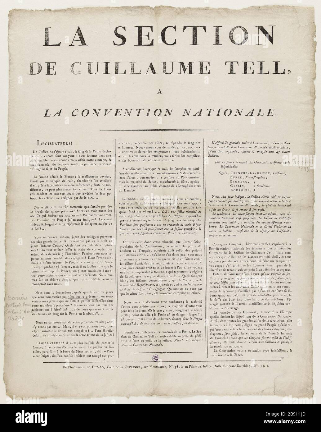 SECTION OF WILLIAM TELL THE NATIONAL CONVENTION Anonyme. 'La section de Guillaume Tell à la Convention Nationale'. Typographie. 1795. Paris, musée Carnavalet. Stock Photo