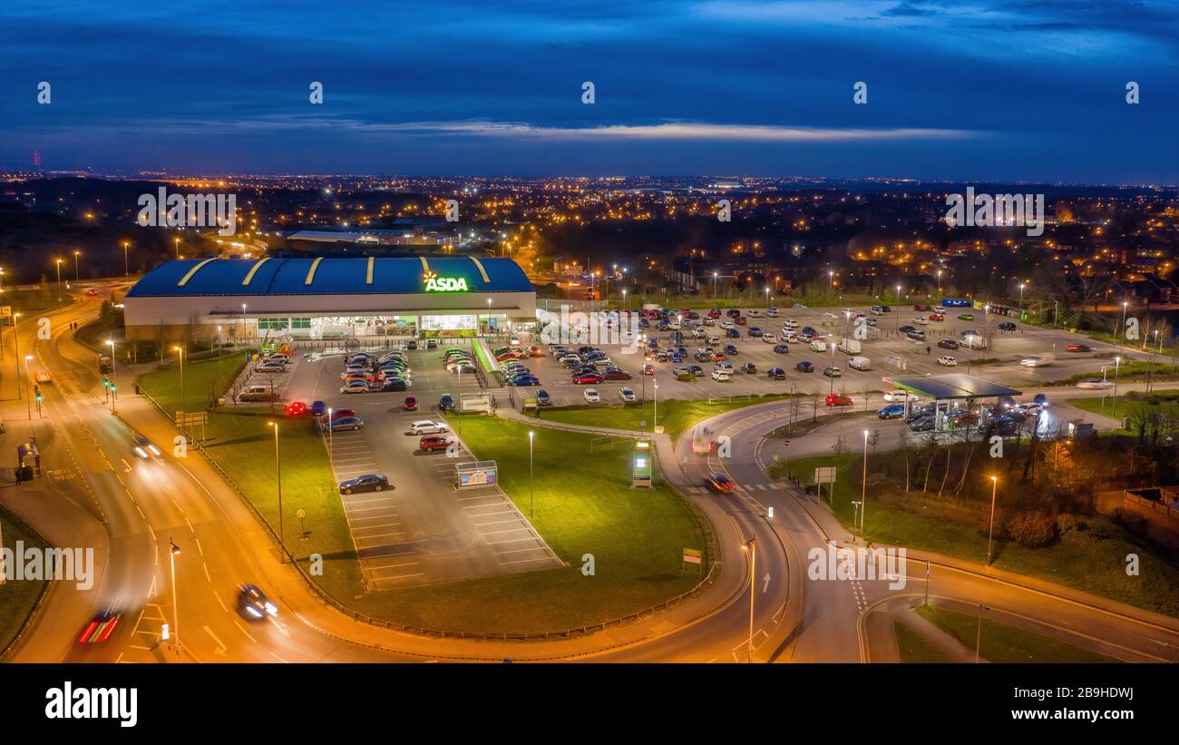 Asda retail Superstore Glasshoughton Castleford West Yorkshire close to junction 32 of the M62. Twilight photograph from a drone Stock Photo