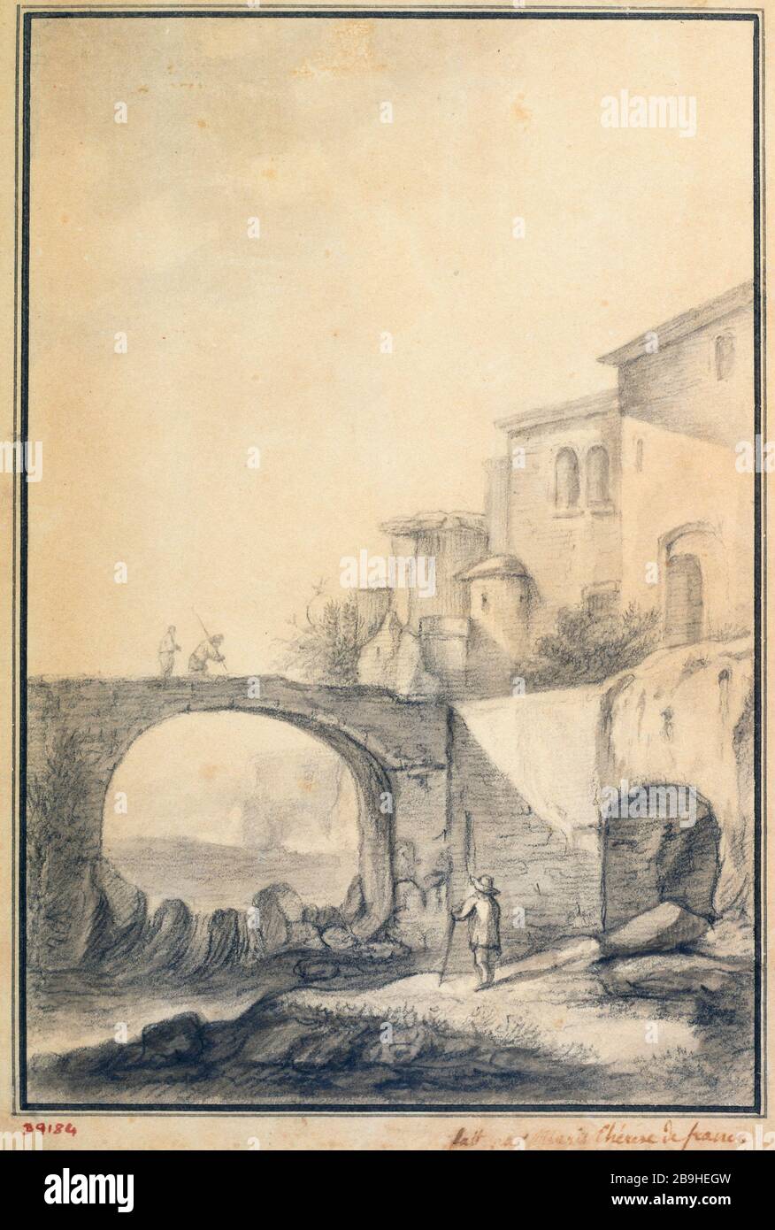 Landscape with a bridge on the left Marie-Thérèse, duchesse d'Angoulême (née Marie-Thérèse de France) (1778-1851). Paysage avec un pont à gauche. Crayon noir et lavis, 1801-1825. Paris, musée Carnavalet. Stock Photo
