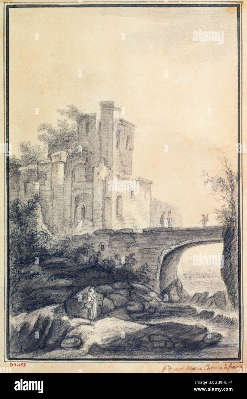 Landscape with bridge right Marie-Thérèse, duchesse d'Angoulême (née Marie-Thérèse de France) (1778-1851). Paysage avec pont à droite. Crayon noir et lavis, 1801-1825. Paris, musée Carnavalet. Stock Photo