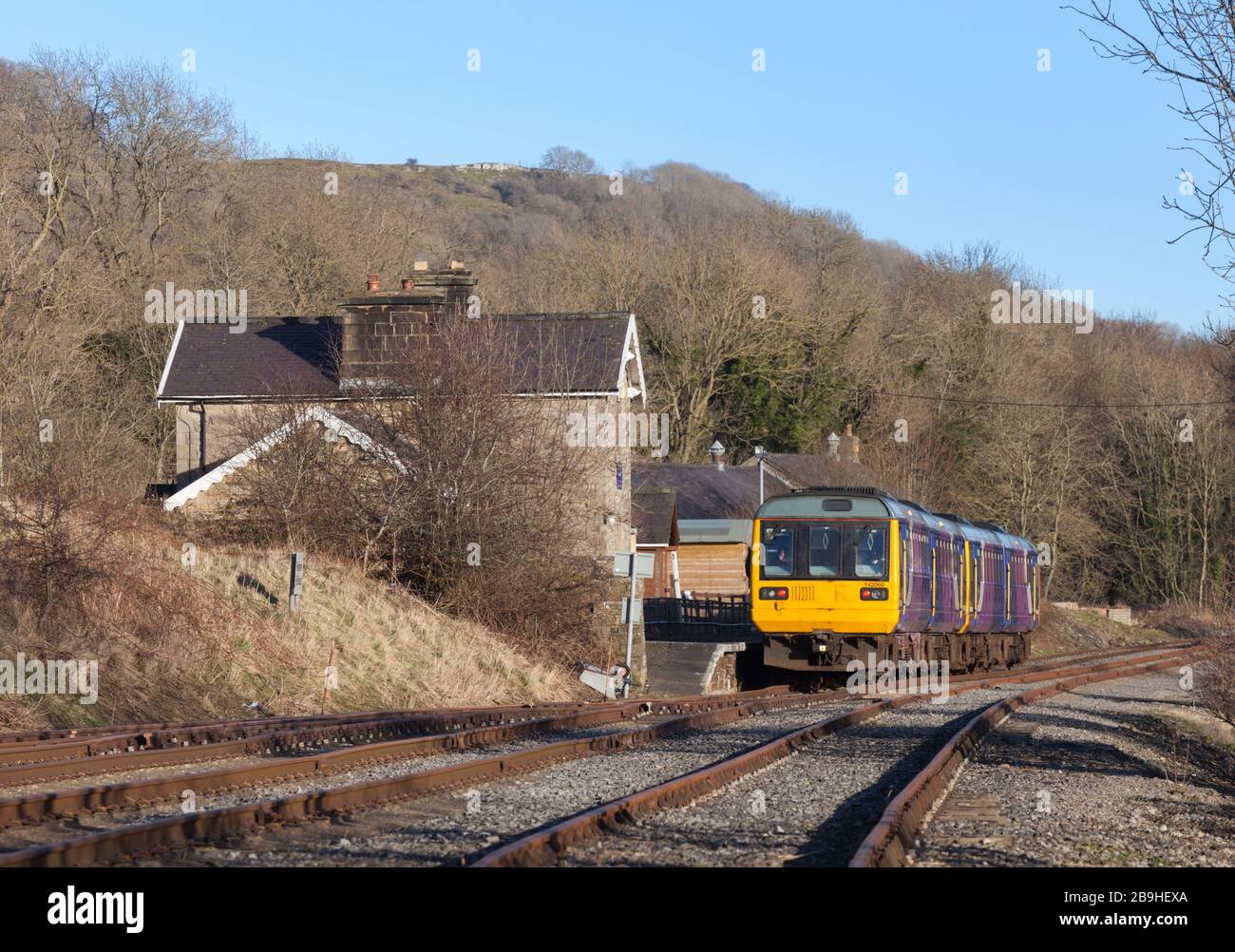 Former Northern Rail class 142 pacer trains 142060 + 142028 at Redmire, Wensleydale railway on their first day running in preservation Stock Photo