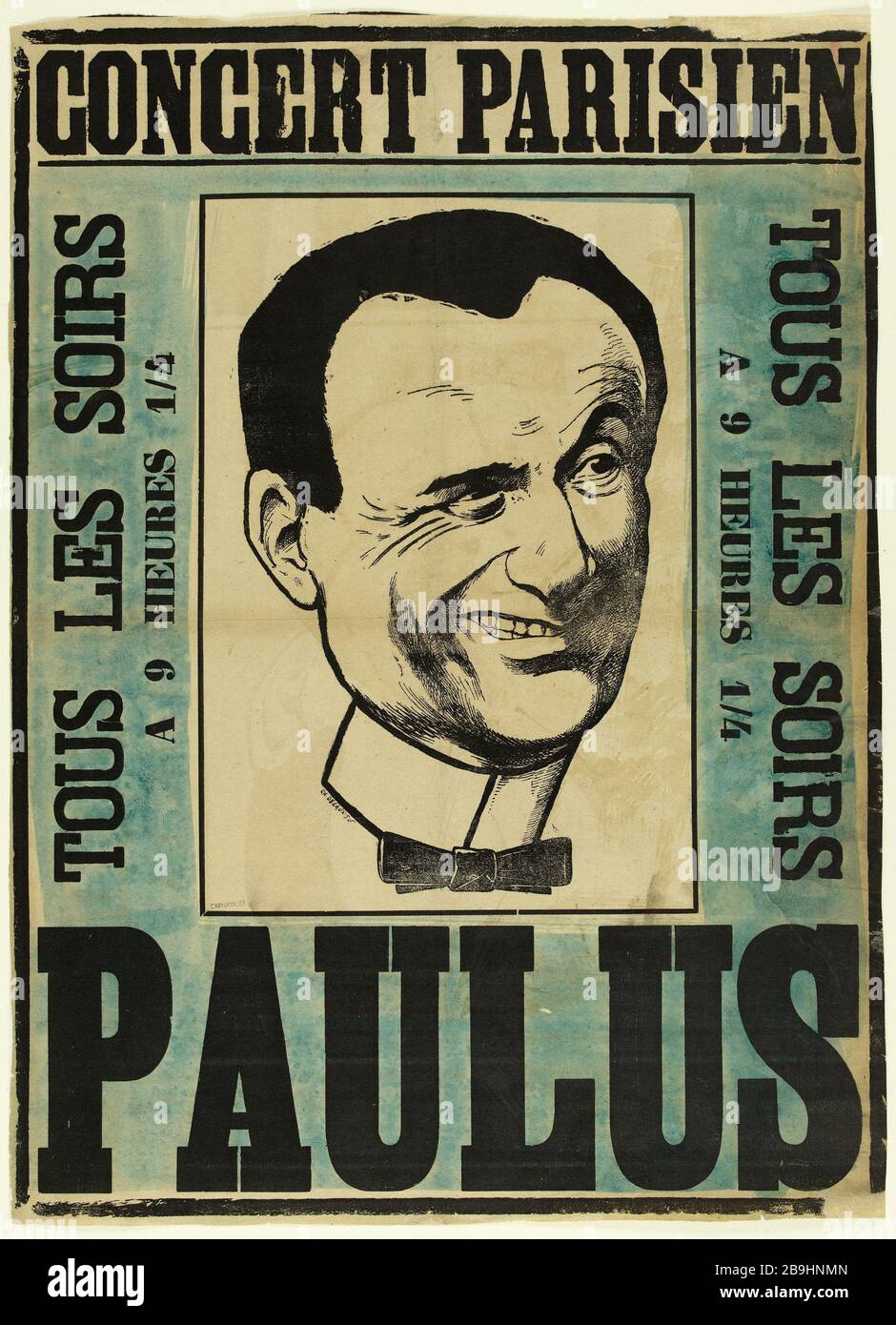 PARIS CONCERT, EVERY EVENING, A 9 1/4 HOURS, EVERY EVENING, A 9 1/4 HOURS, PAULUS Charles Decaux. Affiche publicitaire pour le concert de Paulus (1845-1908). Lithographie couleur. 1880-1900. Paris, musée Carnavalet. Stock Photo