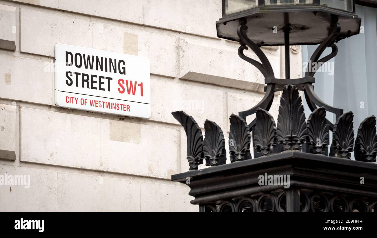 Downing Street, Westminster. Street sign for the official London address of the UK Prime Minister. Stock Photo