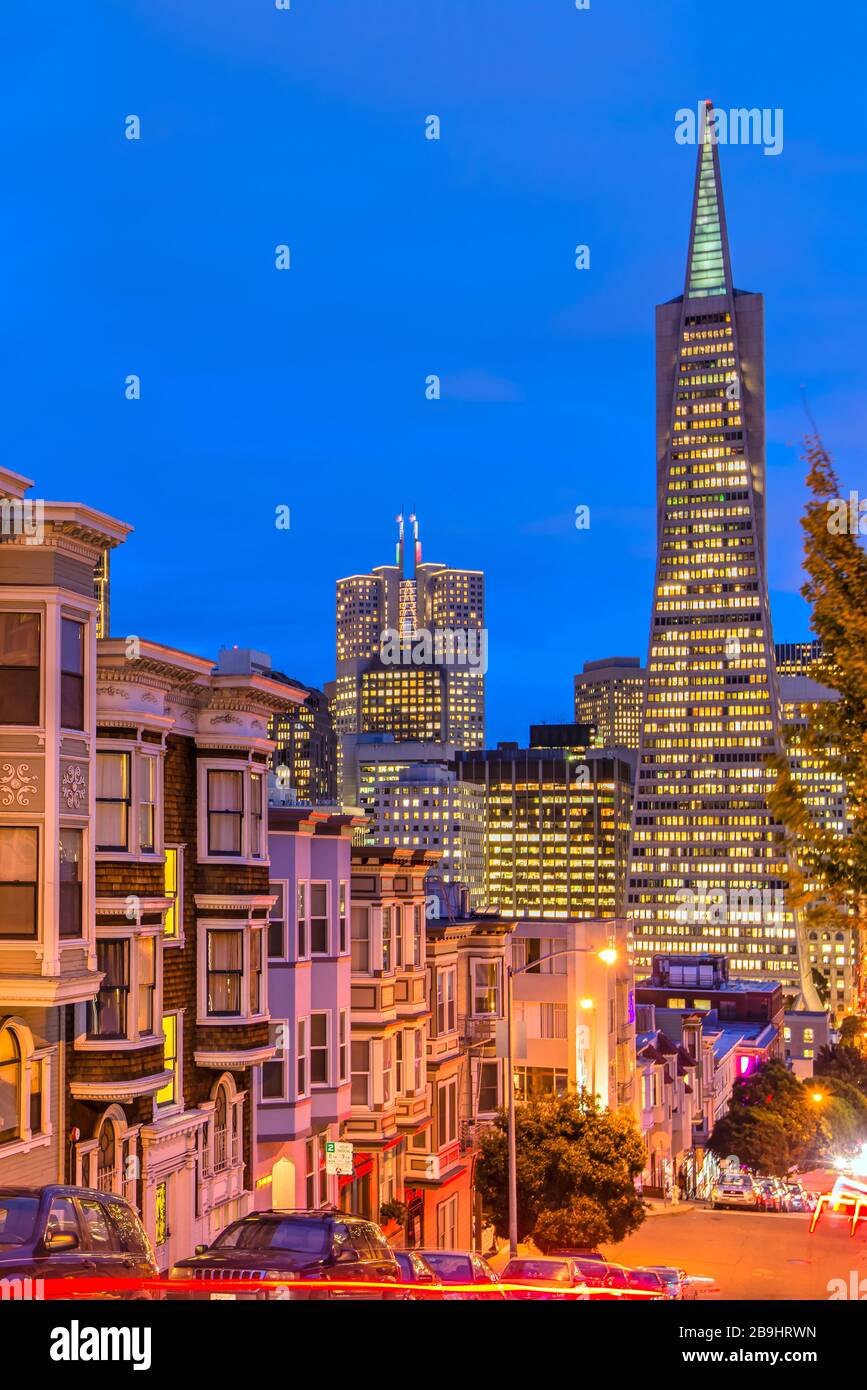 Night view of downtown skyline, San Francisco, California, USA Stock Photo