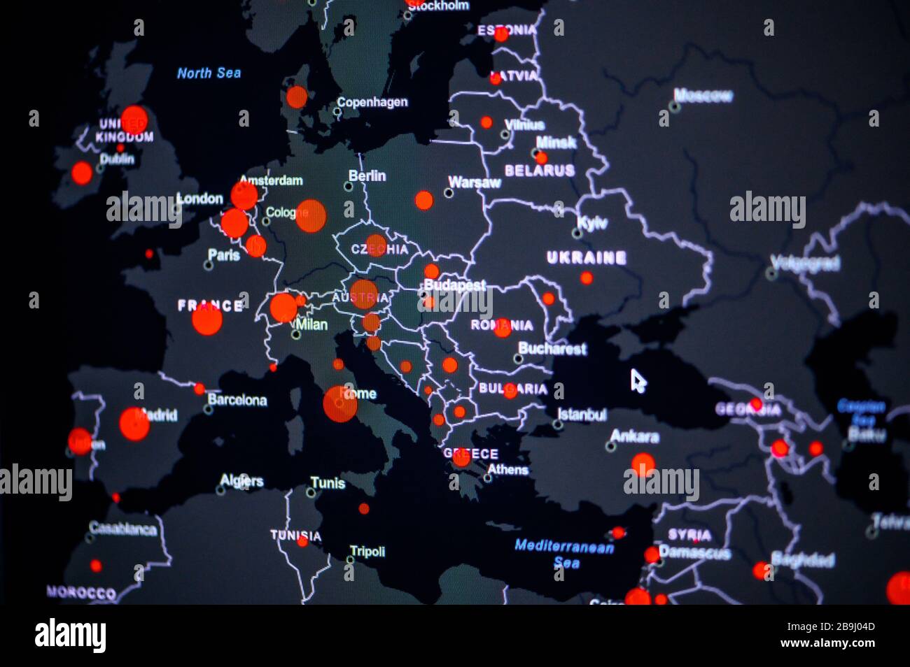 Europe . Coronavirus COVID-19 global cases Map. Red Dot showing the
