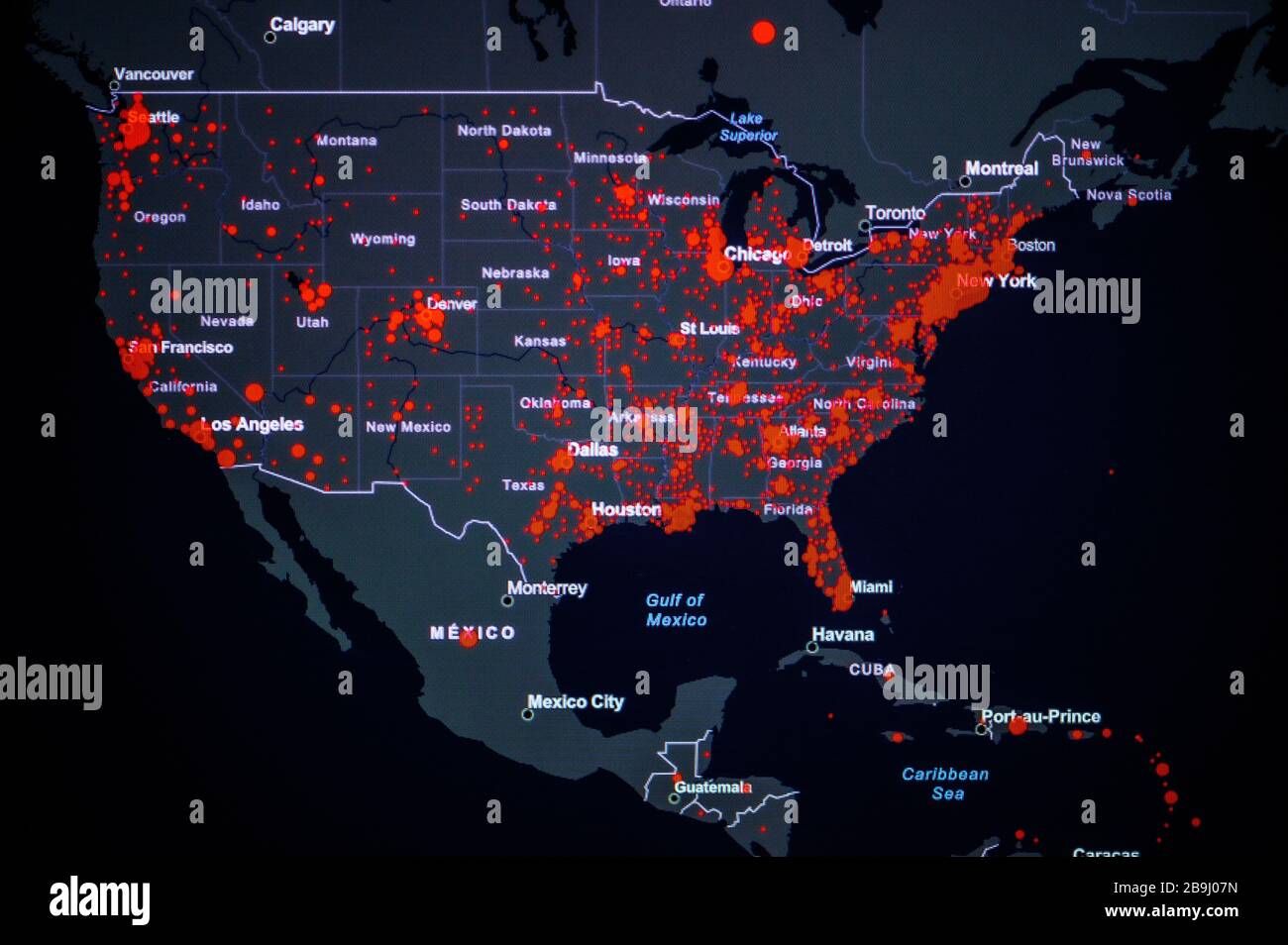 United States, West Coast. Coronavirus COVID19 global cases Map. Red
