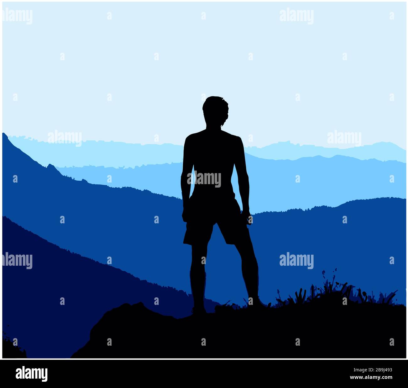 Black silhouette of man standing on the top of the hill, enjoying beautiful view. Illustration