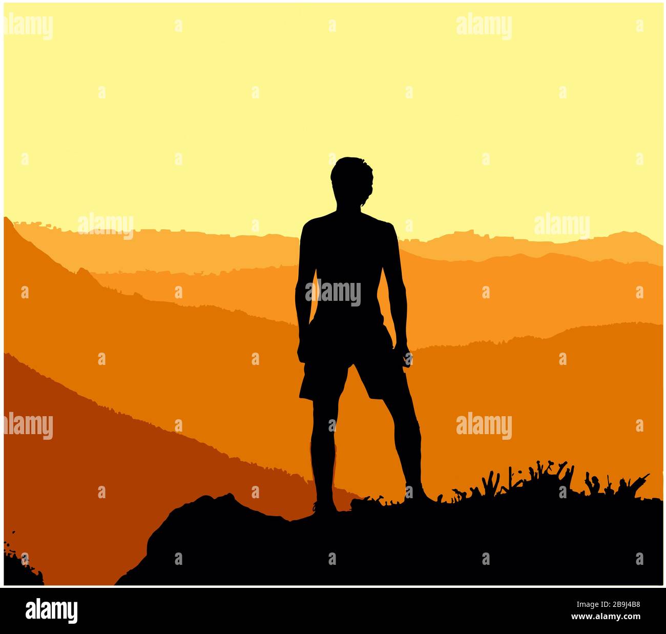 Black silhouette of man standing on the top of the hill, enjoying beautiful sunset, orange background. Illustration. Stock Photo