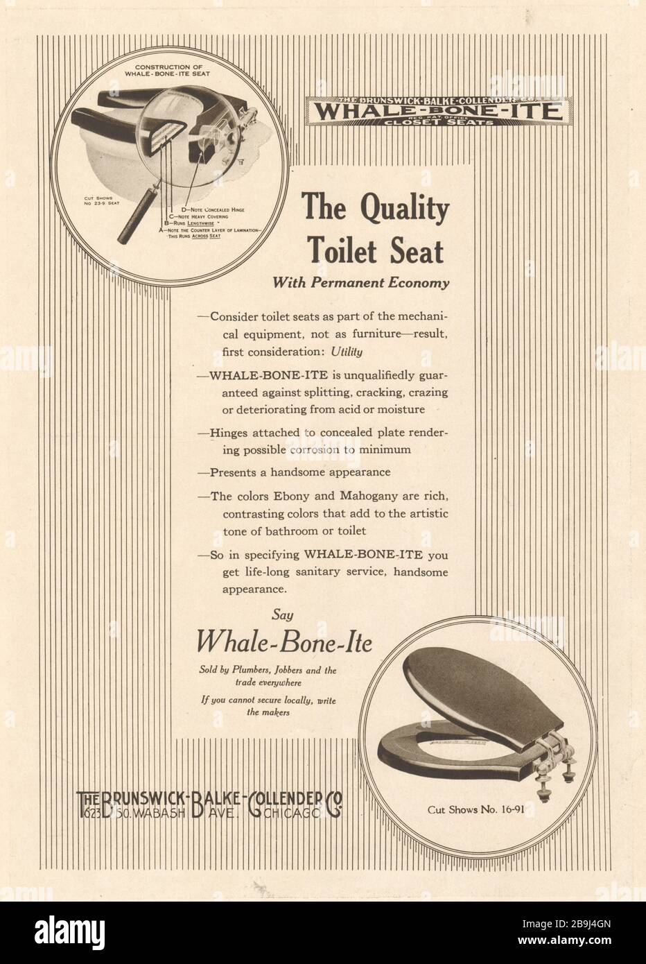Whale-Bone-Ite closet toilet seat. The Brunswick- Balke-Collender Co., 623 50 Wabash Ave, Chicago (1919) Stock Photo