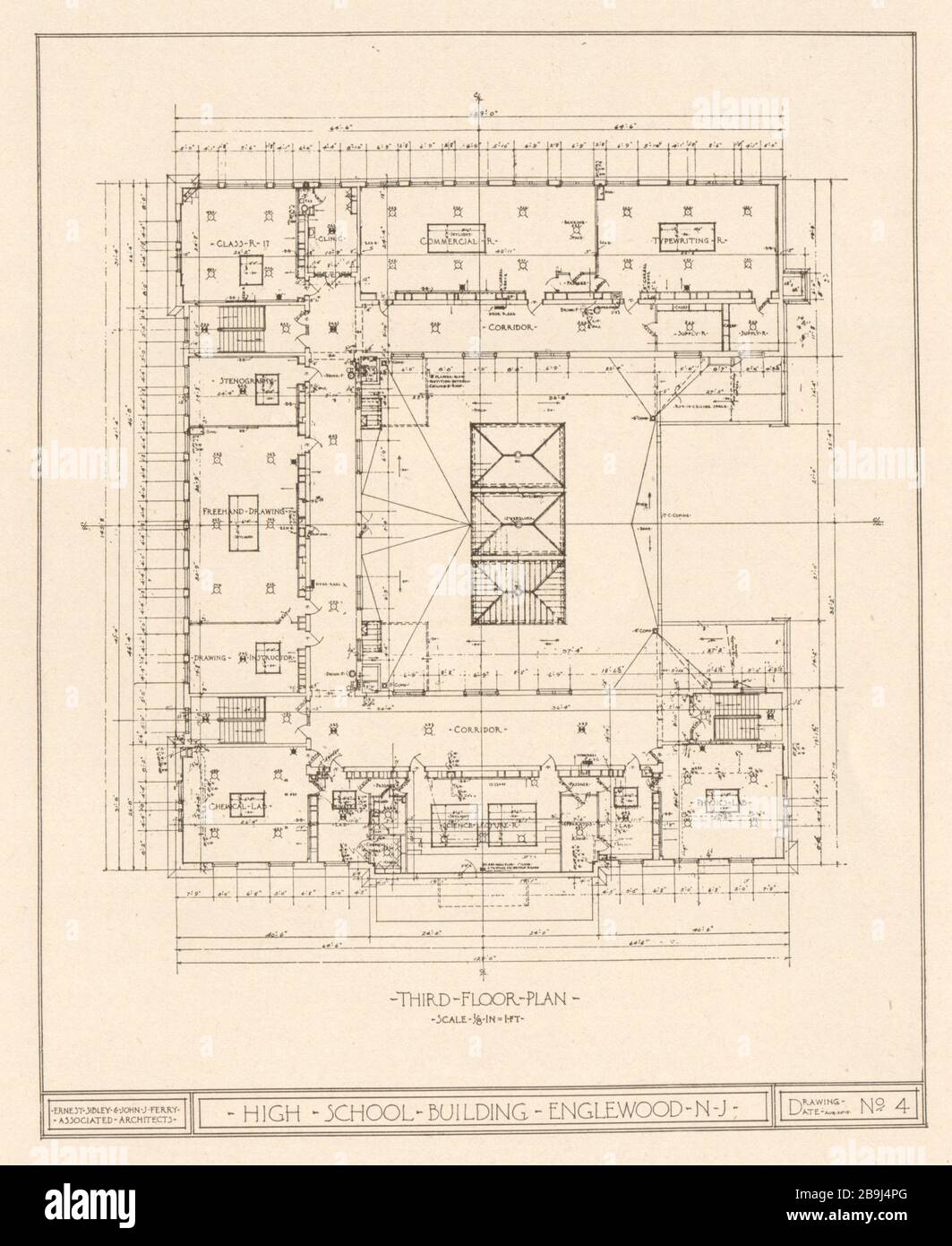 High School Building, Englewood, New Jersey. 3rd floor plan. Drawing date Aug 20-15, nr 4, Ernest Sibley & John J. Ferry, Associated Architects (1919) Stock Photo