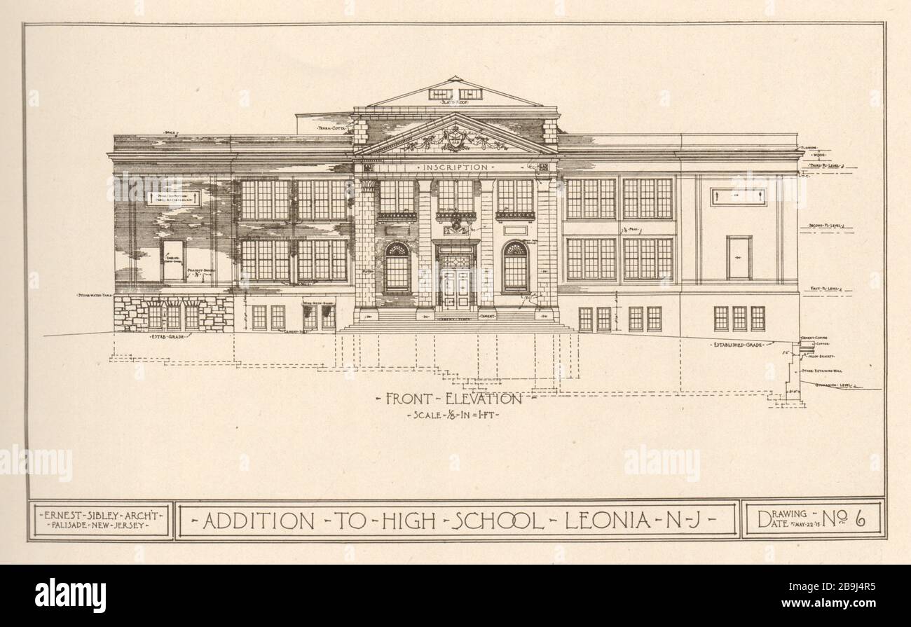 Addition to high school Leonia, New Jersey. Front elevation. Drawing, date May 22-15, nr6. Ernest Sibley Archt, Palisade, New Jersey (1919) Stock Photo