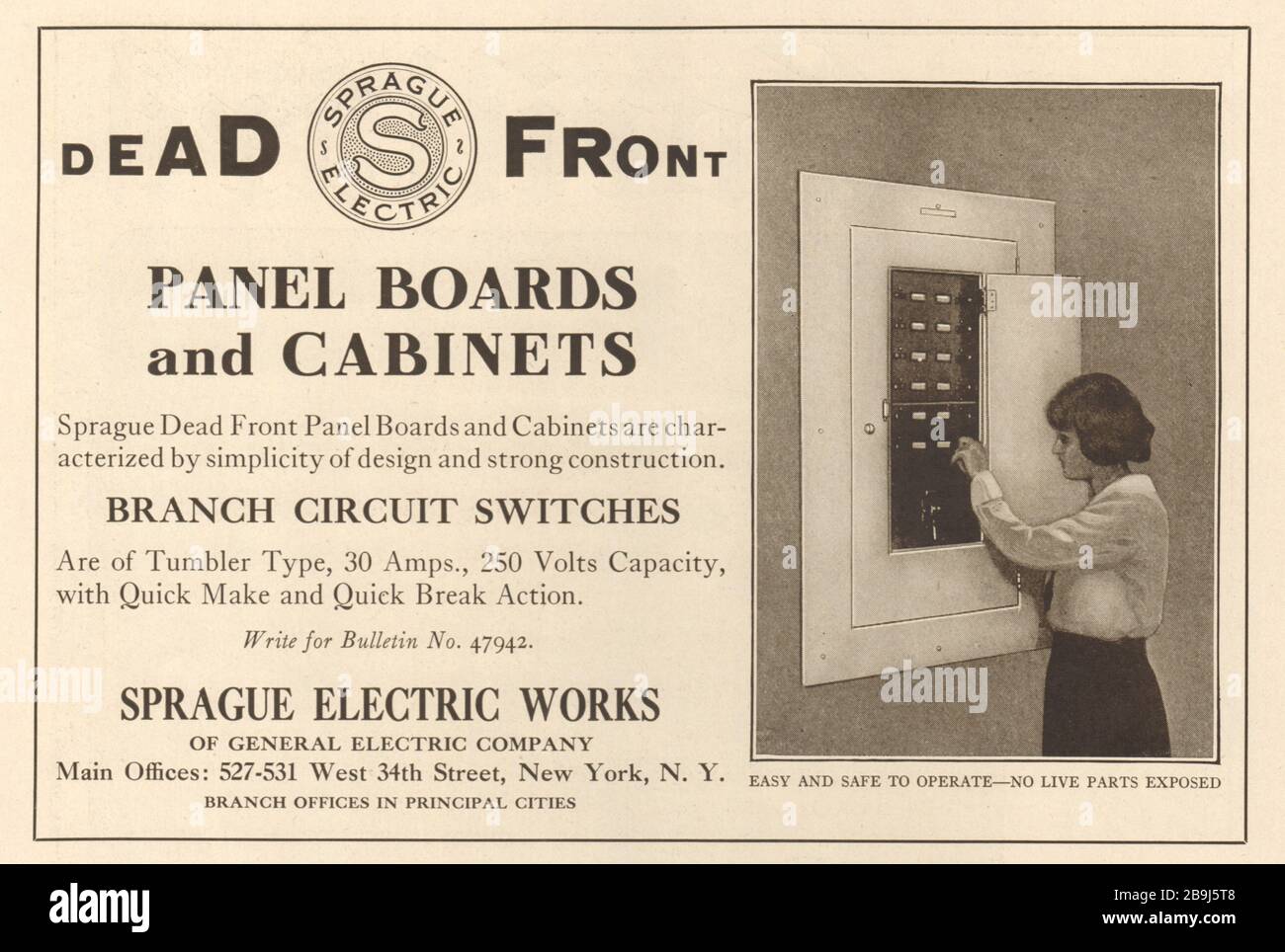 Dead front, panel board, cabinets, branch circuit switches. Sprague Electric Works. General Electric Company 527-531 West 34th Street, New York (1919) Stock Photo