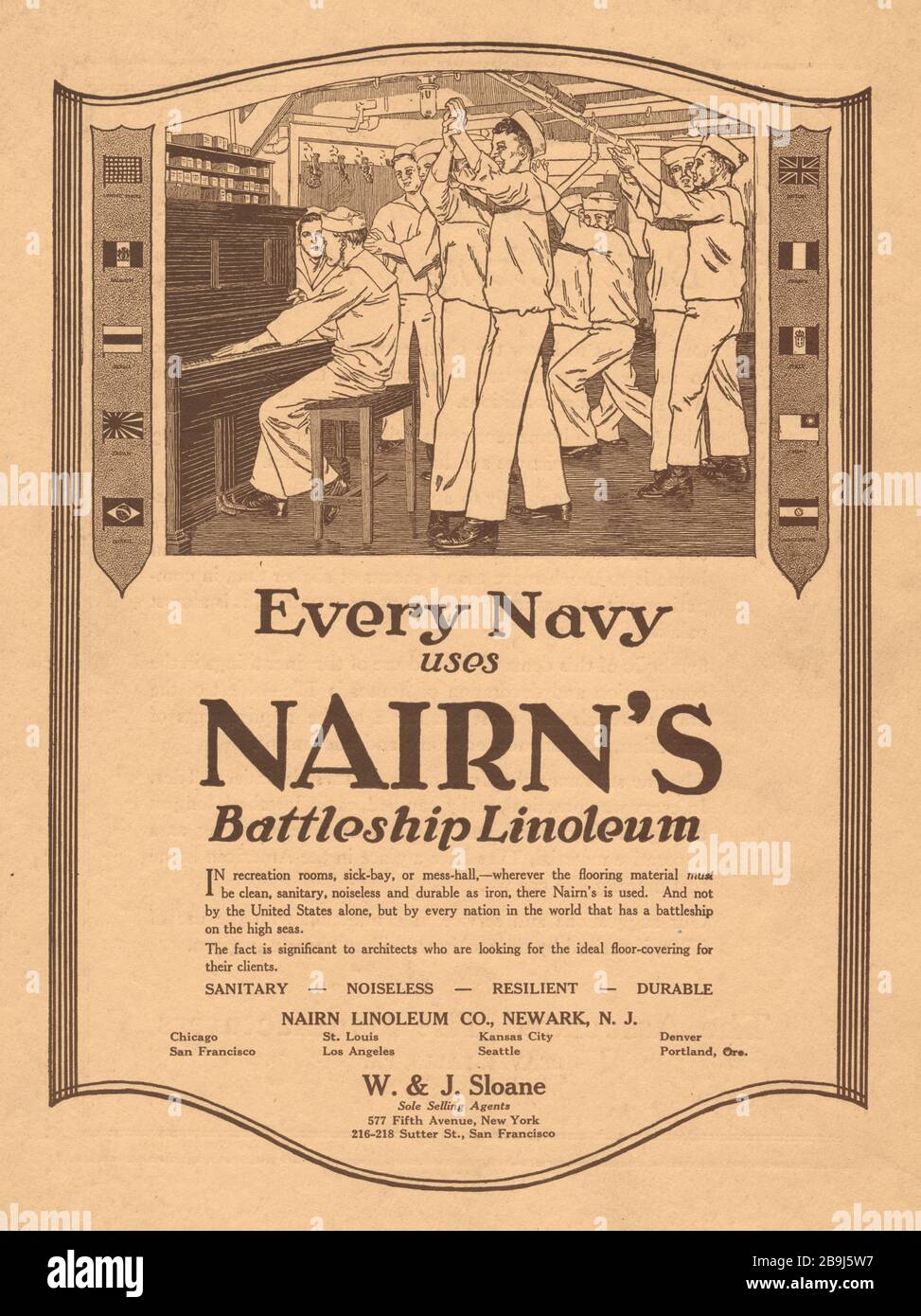 Nairn's battleship linoleum Co., Newark, New York. W & J Sloane, sole solling agents, 577 Fifth Avenue & 216-218 Sutter Street, San Francisco (1919) Stock Photo