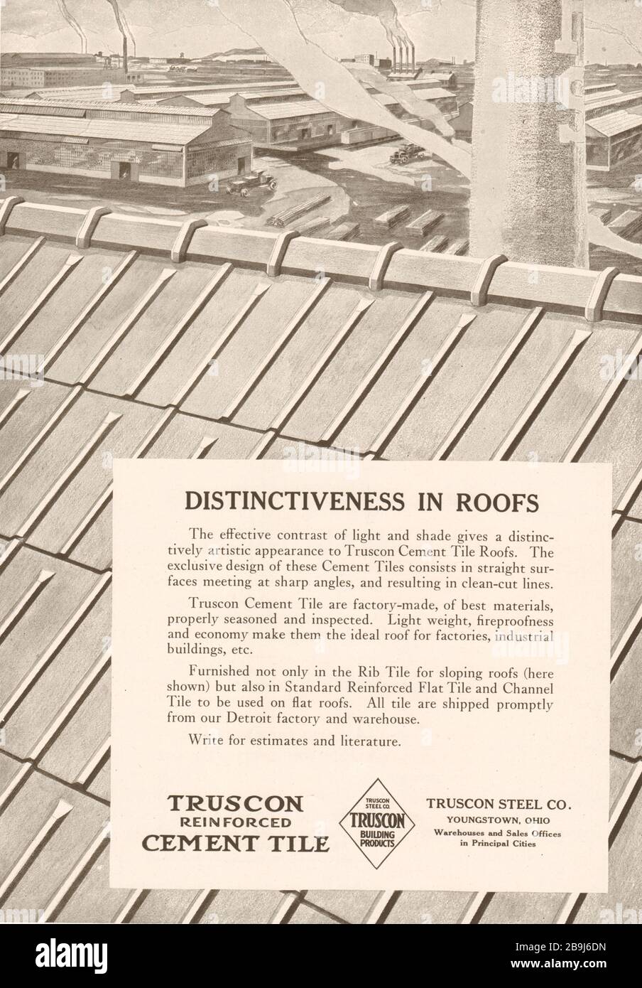 Distinctiveness in roofs. Truscon reinforced cement tile. Truscon steel Co., Youngstown, Ohio (1919) Stock Photo