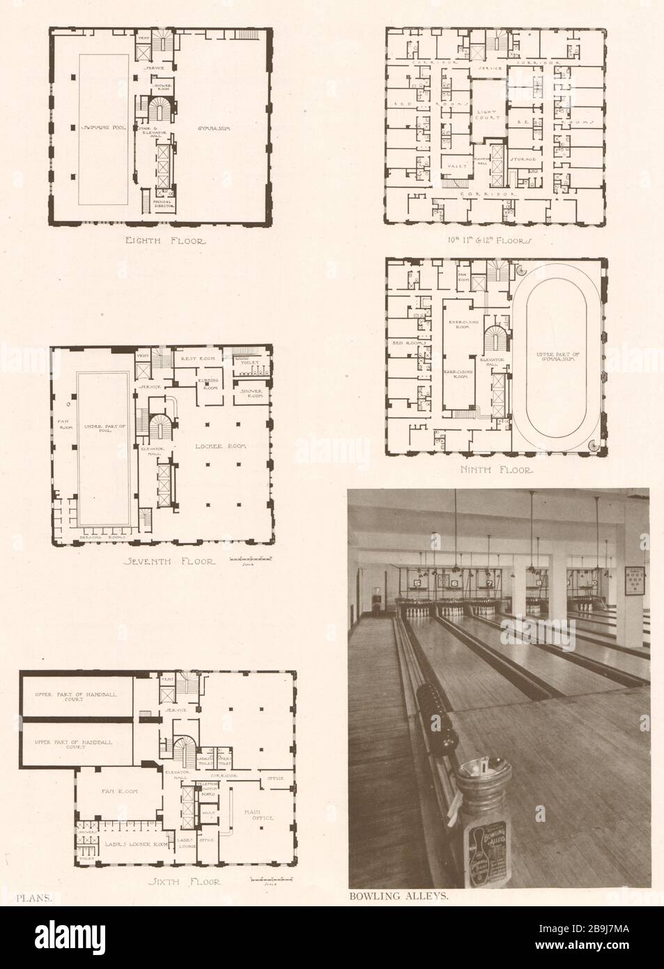 St Paul Athletic club, St Paul, Minneapolis. Bowling alleys and plans