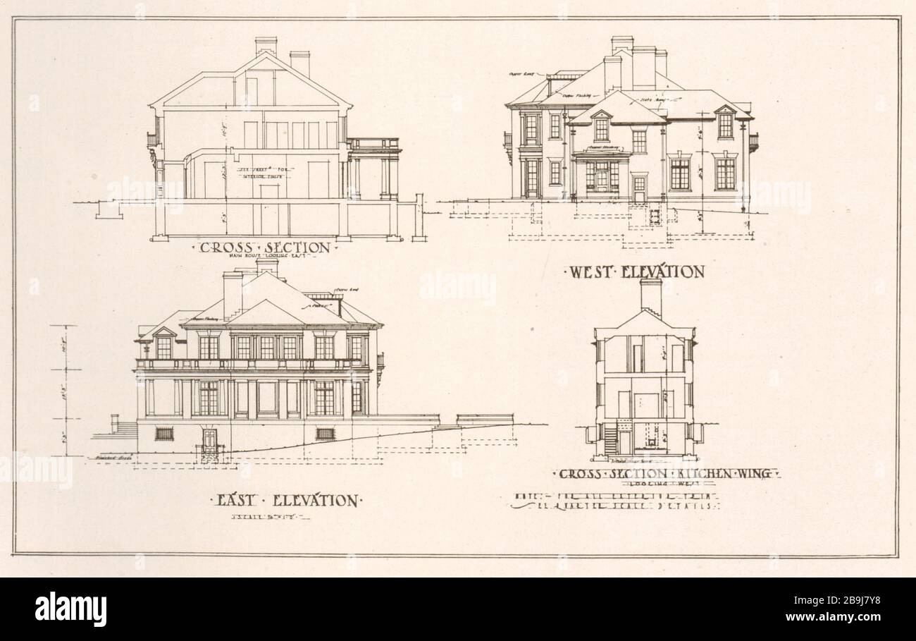 Earle P. Charlton residence, Westport Harbor, Massachusetts. West/east elevations, section. Parker Morse Hooper, Architect, Frank C. Farley. (1919) Stock Photo