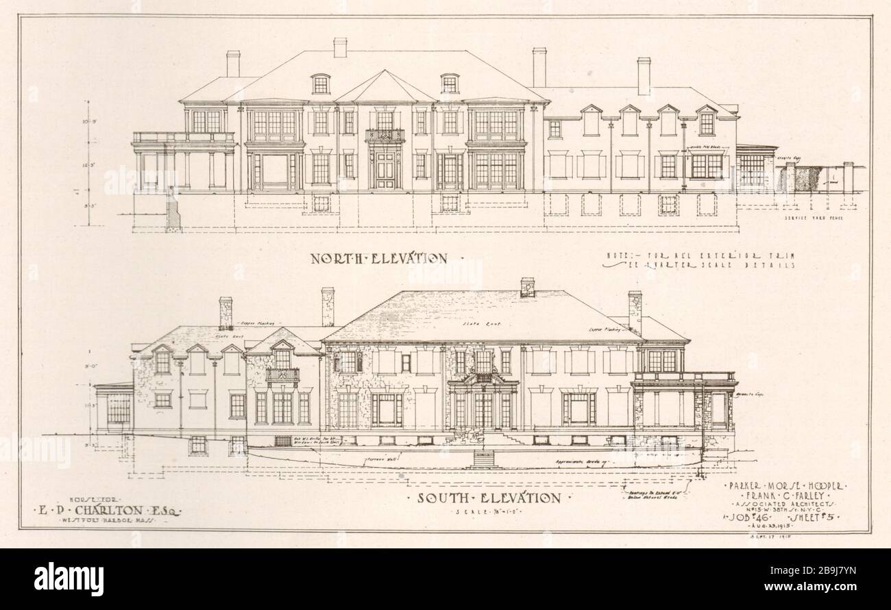 Earle P. Charlton residence, Westport Harbor, Massachusetts. North/south elevations plan. Parker Morse Hooper, Architect, Frank C. Farley. (1919) Stock Photo