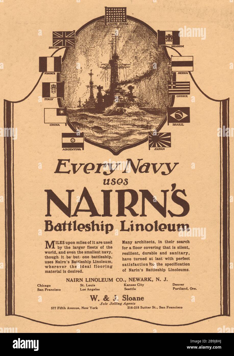 Nairn's Battleship Linoleum. Nairn Linoleum Co., Newark, New York. W & J Sloane, 577 Fifth Avenue, New York; 216 Sutter Street, San Francisco (1919) Stock Photo