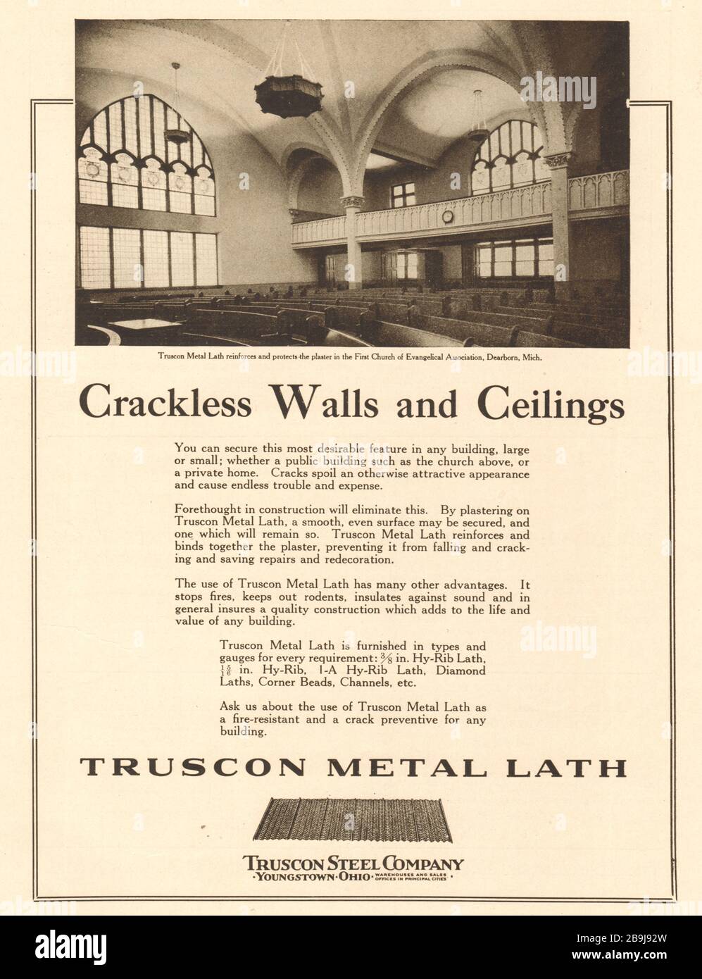 Crackless walls & ceilings. Truscon metal lath. 1st church of Evangelical Association, Dearborn, Michigan. Truscon Steel Co., Youngstown, Ohio (1922) Stock Photo