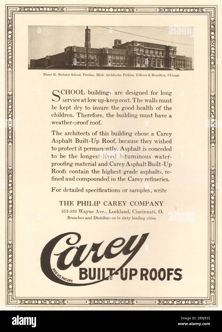 Elmer R. Webster school, Pontiac, Michigan. Architects: Perkins Fellows Hamilton, Chicago. Philip Carey Co. 513 Wayne Ave, Lockland, Cincinnati (1922) Stock Photo