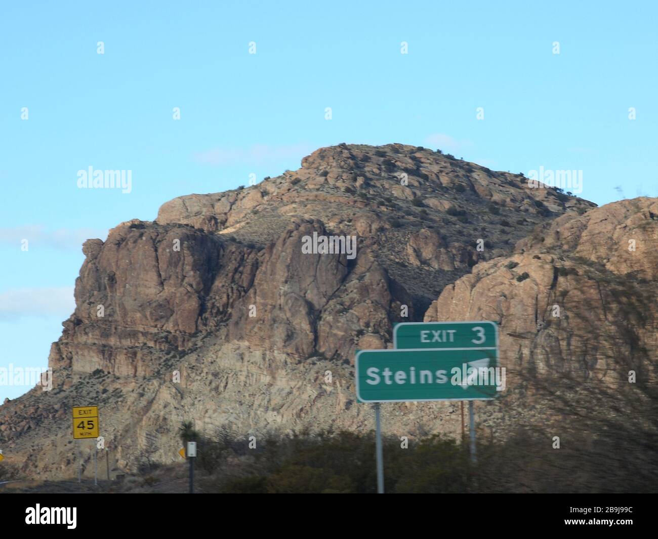 Exit 3 for Steins, New Mexico a ghost town along Interstate 10 west along the Arizona,  New Mexico  border. Abandoned in 1944. Stock Photo