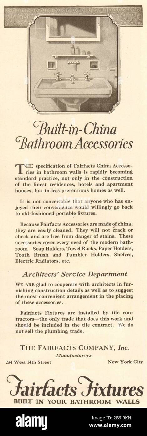 Built-in China bathroom accessories. Tixtures, built in your bathroom walls. The Fairfacts Company, inc. 234 West 14th street, New York  (1922) Stock Photo