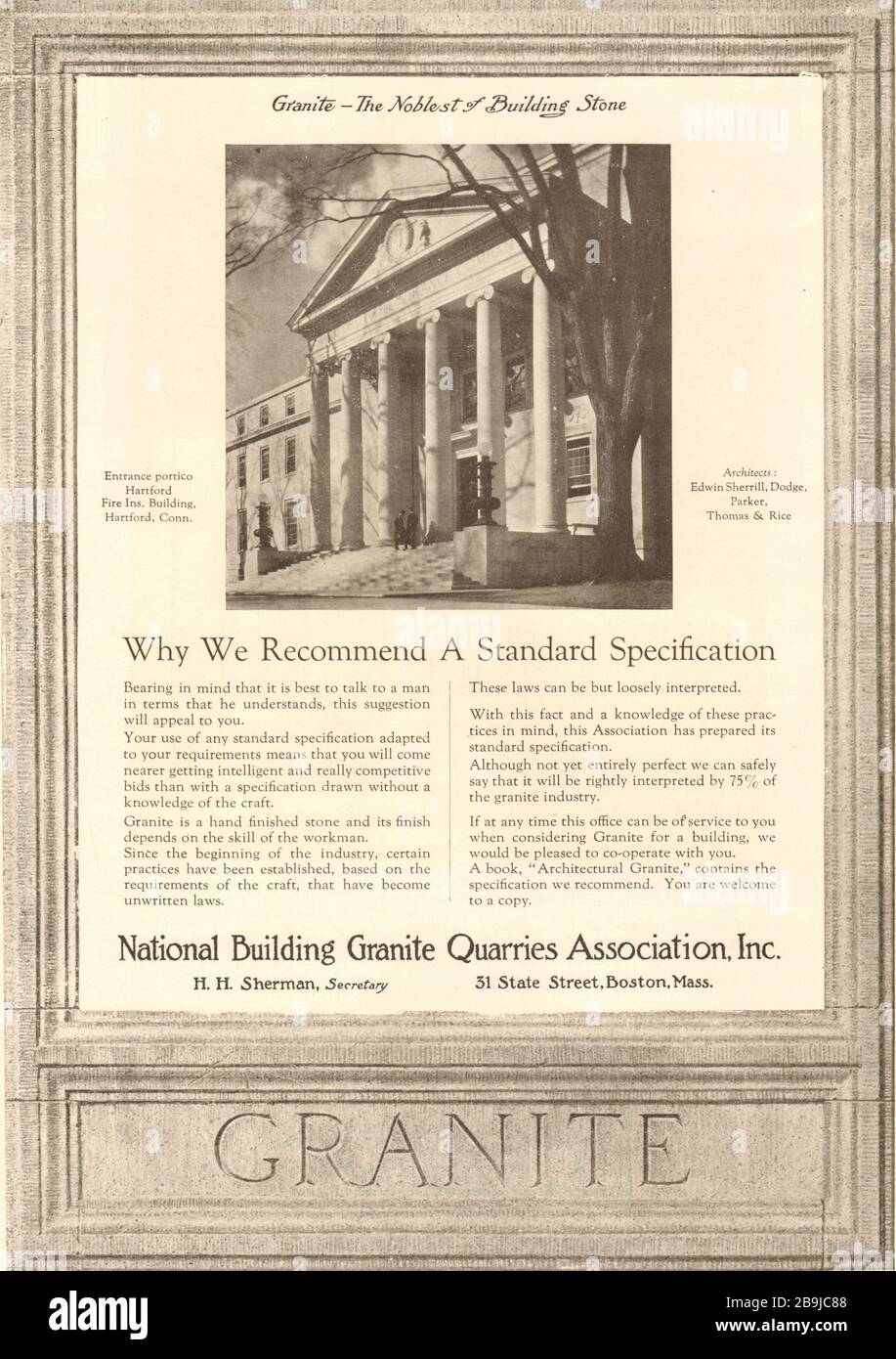 Hartford Fire Insurance Building, Connecticut. Sherrill Dodge Parker Thomas Rise. National Building Granite Quarries Association, Boston (1922) Stock Photo