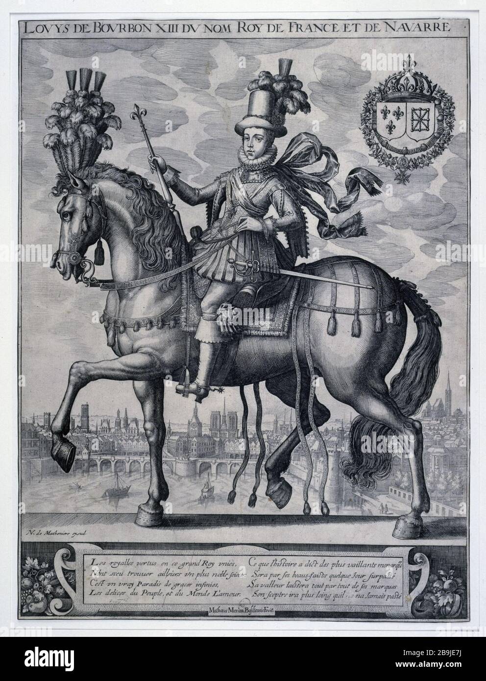 Louis XIII named Bourbon King of France and Navarre Nicolas de Mathonière (actif entre 1610 et 1622). 'Louis de Bourbon XIII du nom Roi de France et de Navarre'. Gravure. Paris, musée Carnavalet. Stock Photo