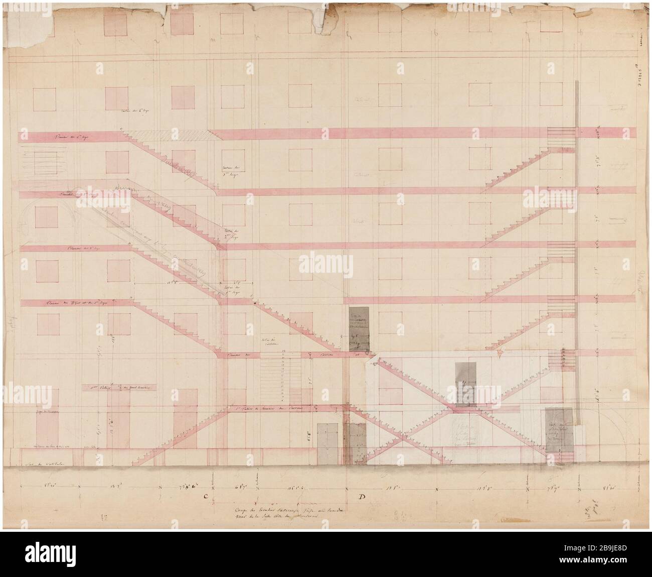 Royal Academy of Music: Cutting the side stairs. Charles Rohault de Fleury (1801-1875). Académie royale de musique : coupe des escaliers latéraux. Crayon, plume et encre noire, lavis rose et gris. Paris, musée Carnavalet. Stock Photo