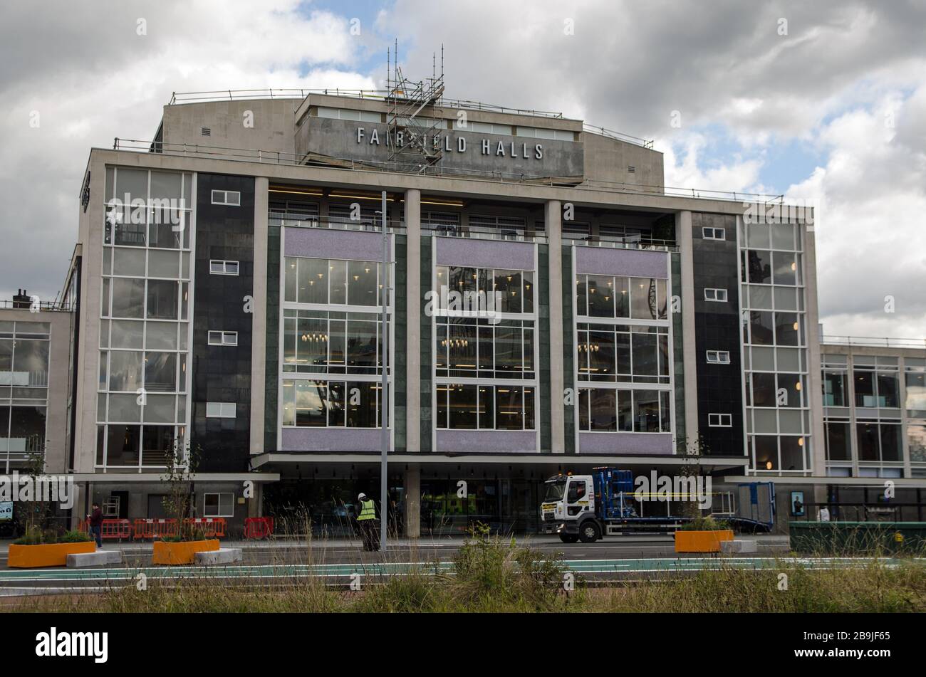 Croydon, UK - October 2, 2019: Renovation work underway at the famous Fairfield Halls concert and theatre venue in Croydon, South London. Stock Photo