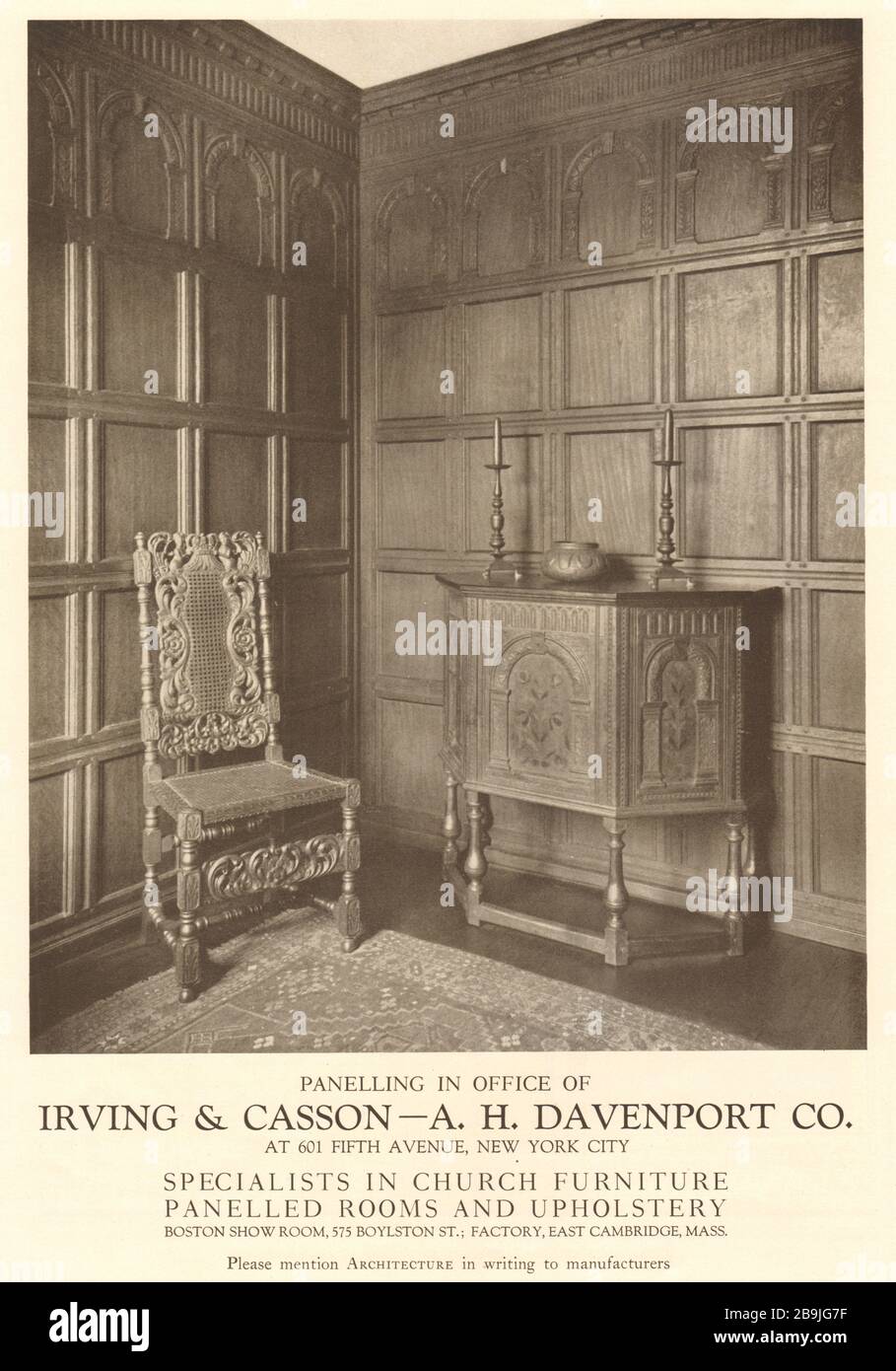 Panelling in office of Irving & Casson- A. H. Davenport Co. Boston show room, 575 Boylston St, Factory, East Cambridge, Massachusetts (1922) Stock Photo