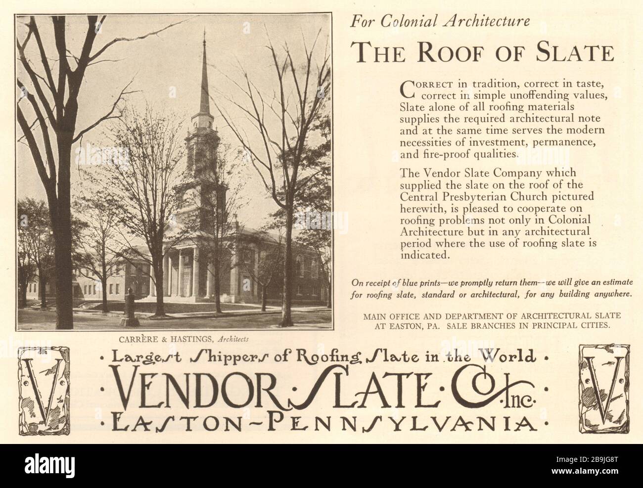 World's largest roofing slate shippers. Central Presbyterian church, Carrere & Hastings, Architects. Vendor Slate Co., Easton, Pennsylvania  (1922) Stock Photo