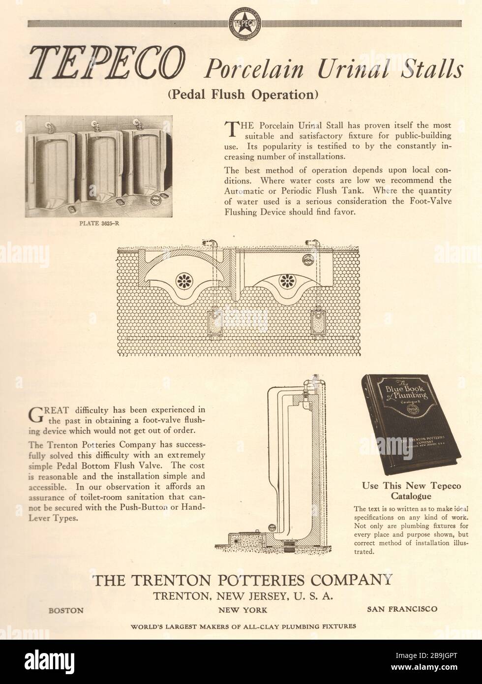 Tepeco, Porcelain urinal stalls.(Pedal flush operation). The Trenton Potteries Company., Trenton, New Jersey, U.S.A.  (1922) Stock Photo