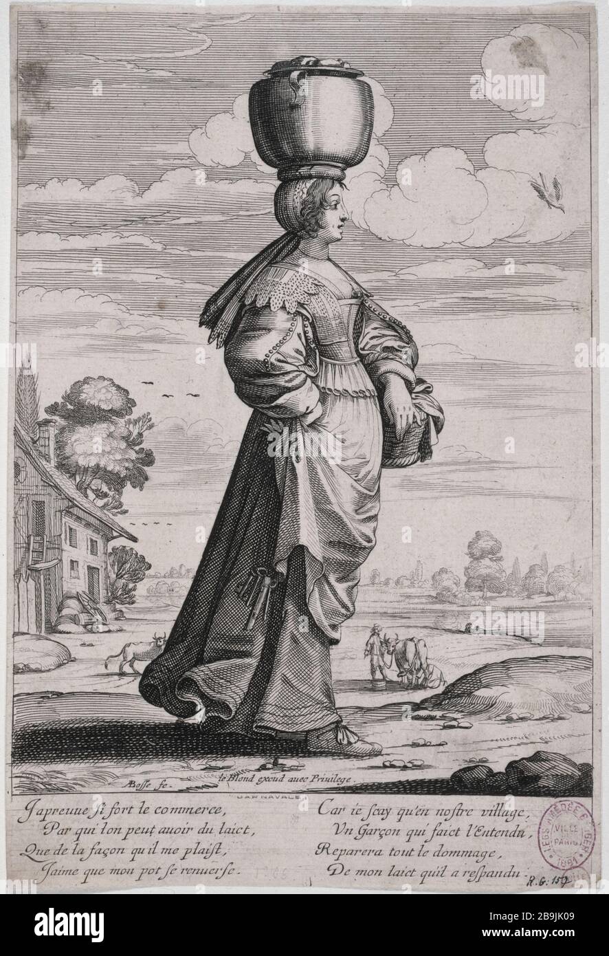 A dairy carrying a pot of milk on the head Abraham Bosse (1602-1676). 'Une laitière portant un pot au lait sur la tête'. Paris, musée Carnavalet. Stock Photo