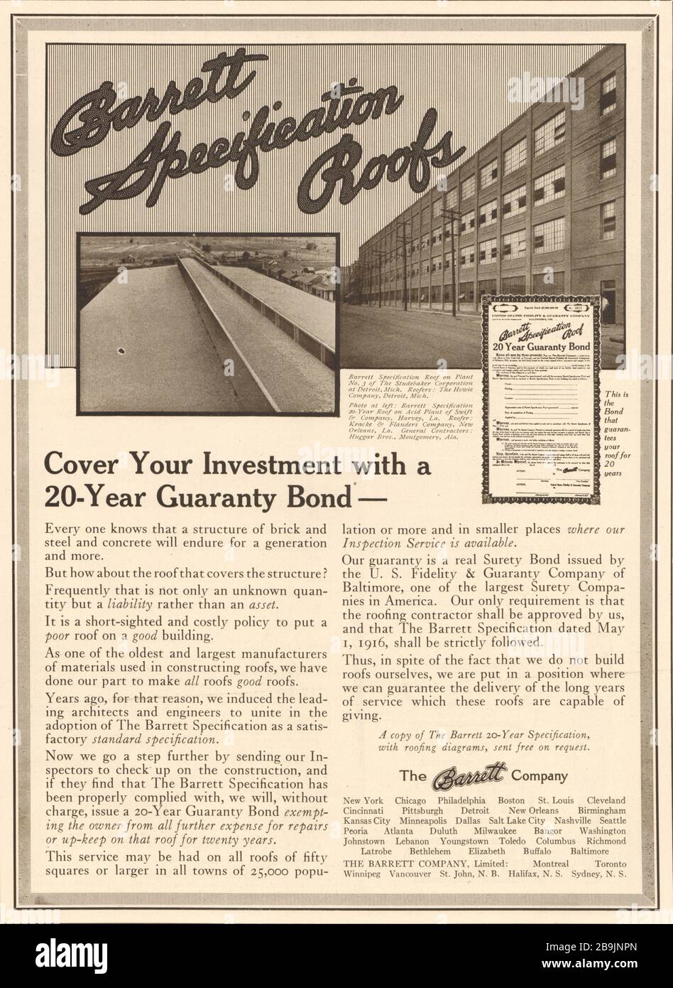 Plant #3, Studebaker Corporation, Detroit, Michigan. Barrett Company roofs. Cover your investment with a 20 year guaranty bond. (1919) Stock Photo