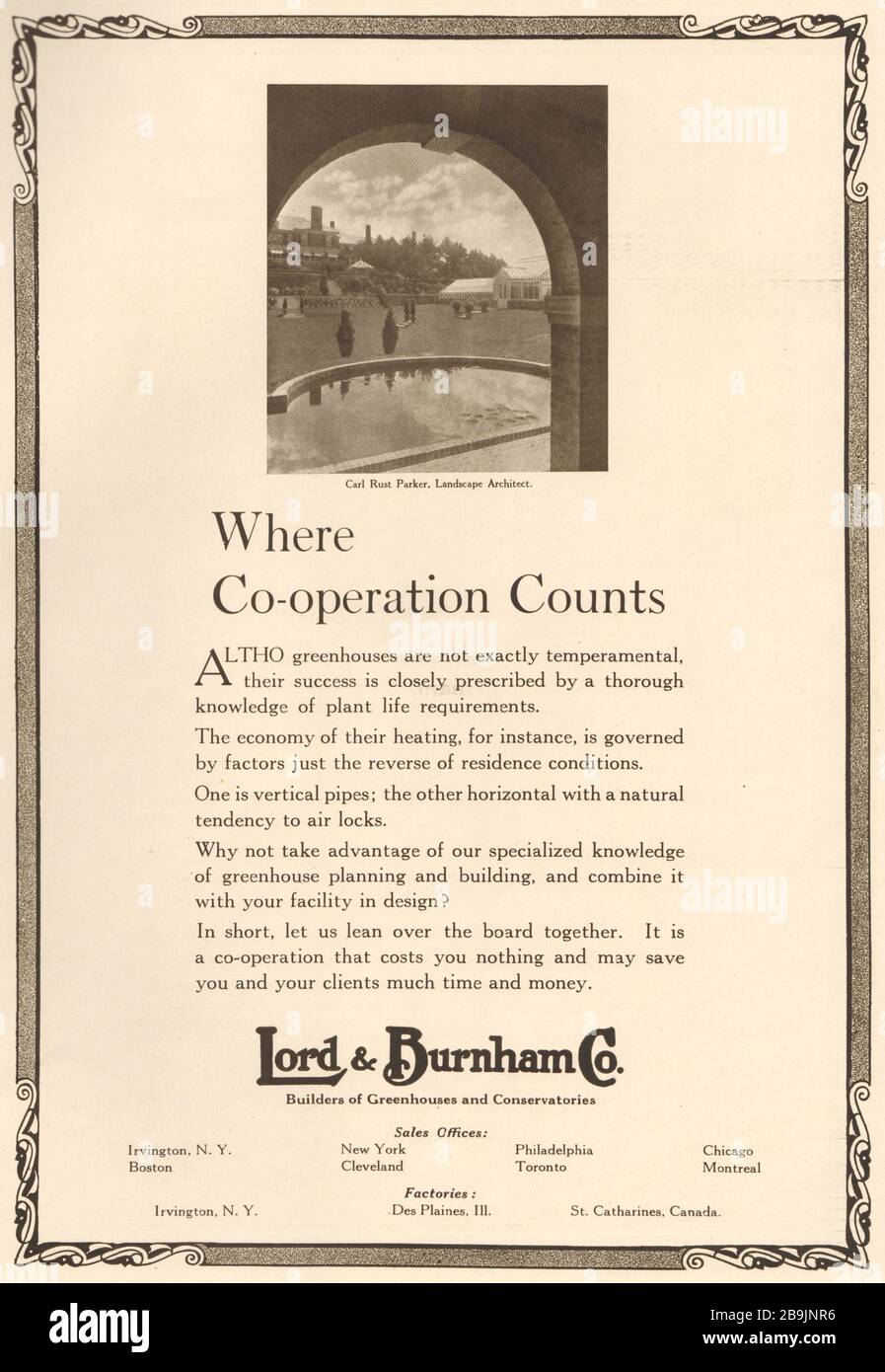 Where co-operation counts. Carl Rust Parker, Landscape Architect. Lord & Burnham Co., builders of greenhouses and conservatories  (1919) Stock Photo